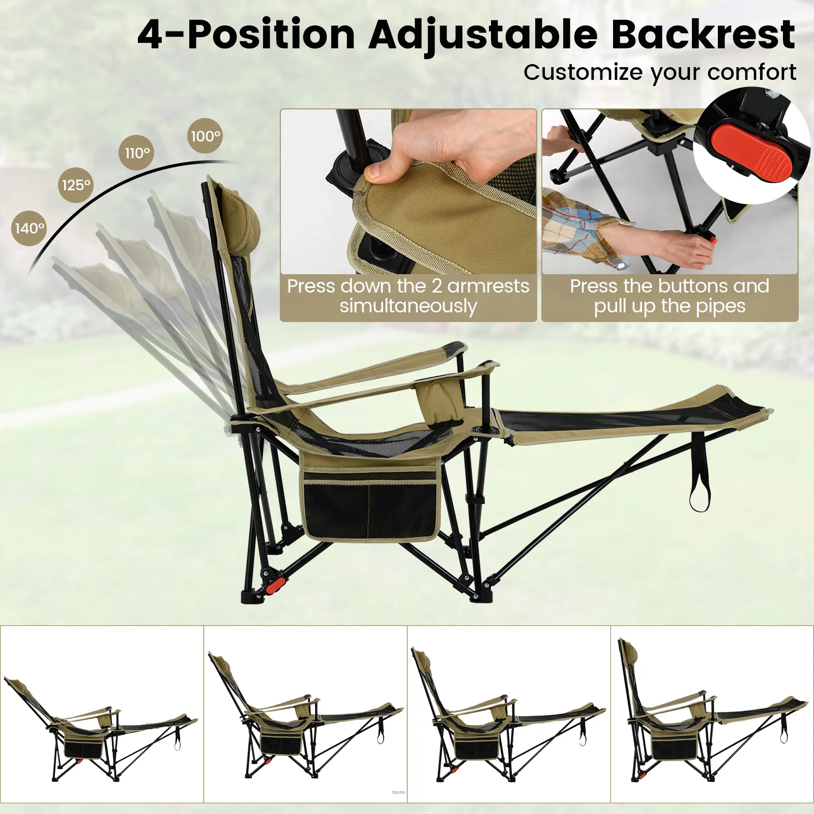 Reclining Camping Chair, Removable Footrest, Adjustable Backrest, Green - Image 9