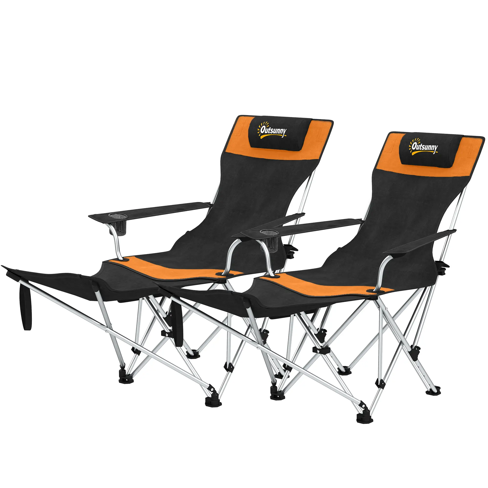 Reclining Camping Chair Set With Foot Rest, Headrest, Cup Holder, Storage Bag, Orange