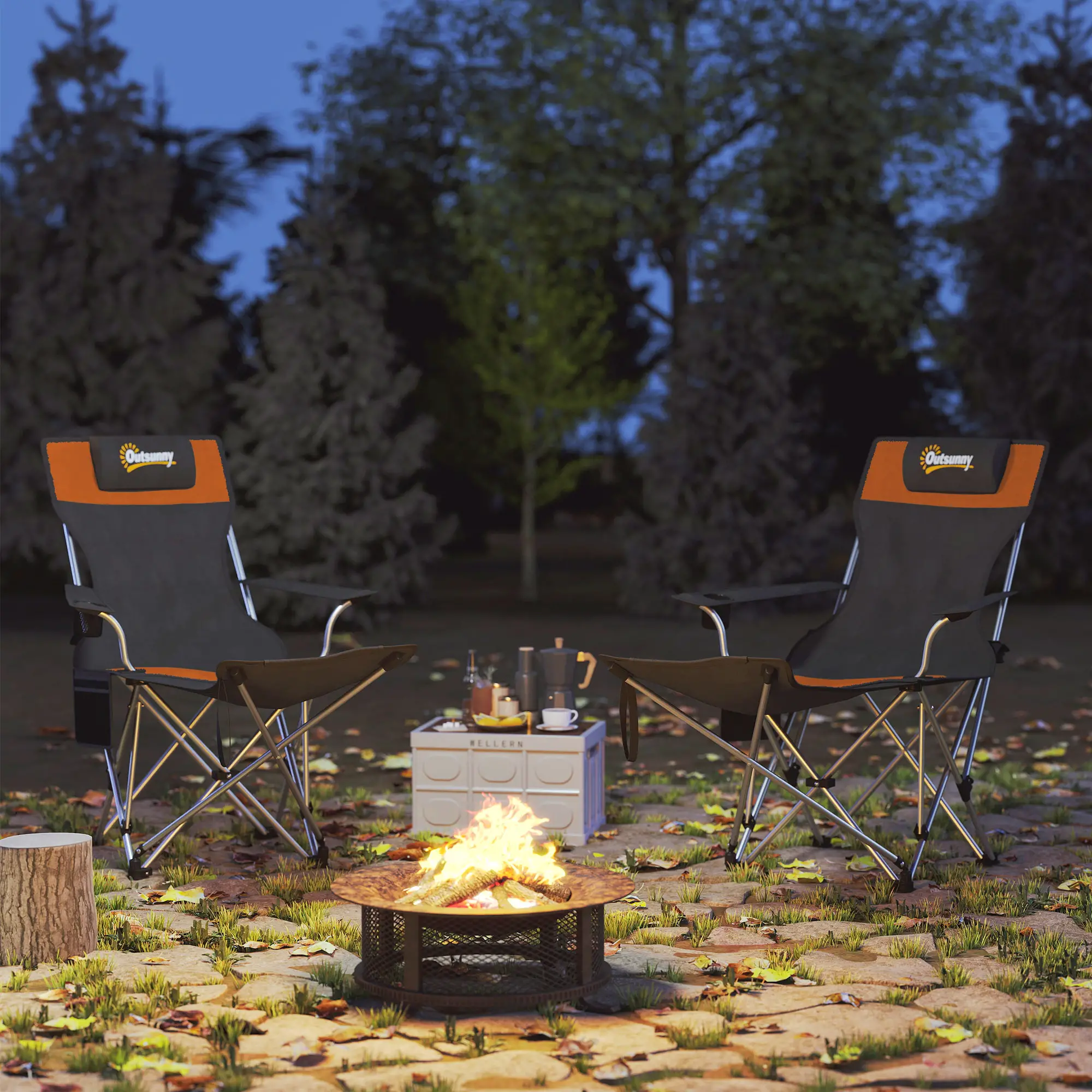 Reclining Camping Chair Set With Foot Rest, Headrest, Cup Holder, Storage Bag, Orange - Image 10