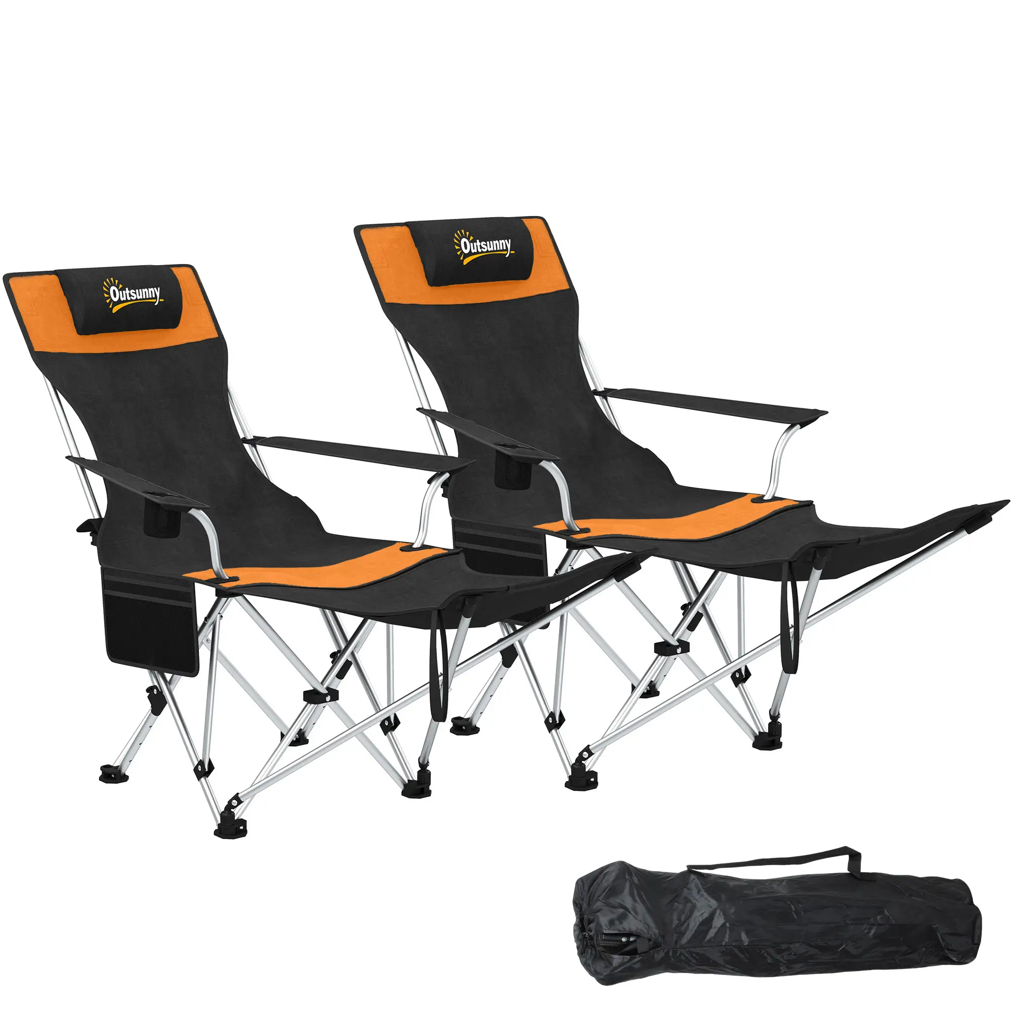 Reclining Camping Chair Set With Foot Rest, Headrest, Cup Holder, Storage Bag, Orange - Image 11