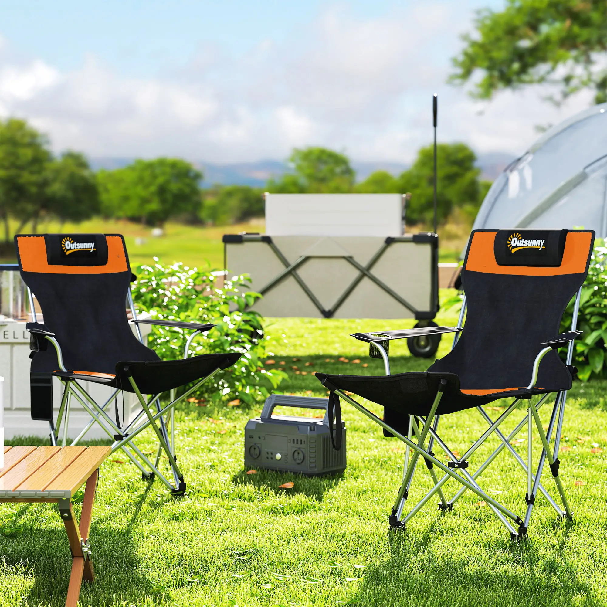 Reclining Camping Chair Set With Foot Rest, Headrest, Cup Holder, Storage Bag, Orange - Image 2