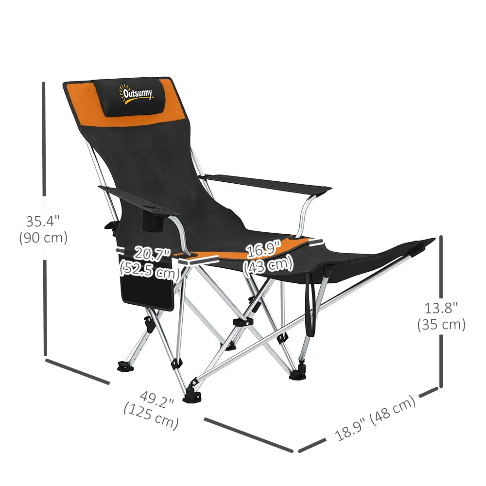 Reclining Camping Chair Set With Foot Rest, Headrest, Cup Holder, Storage Bag, Orange - Image 3