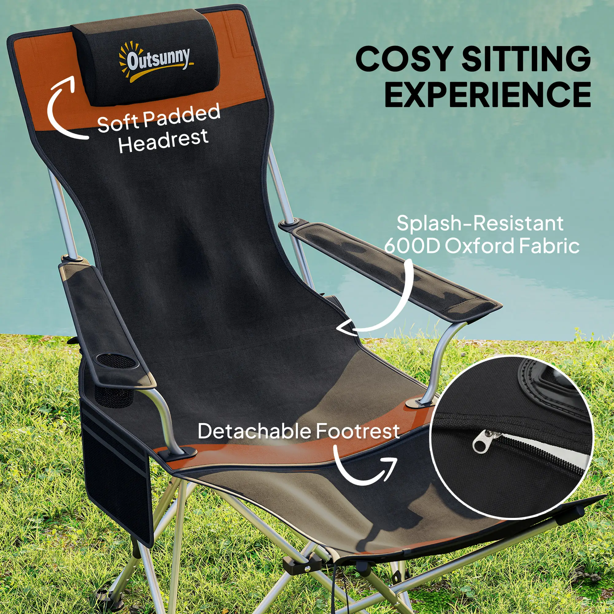 Reclining Camping Chair Set With Foot Rest, Headrest, Cup Holder, Storage Bag, Orange - Image 4