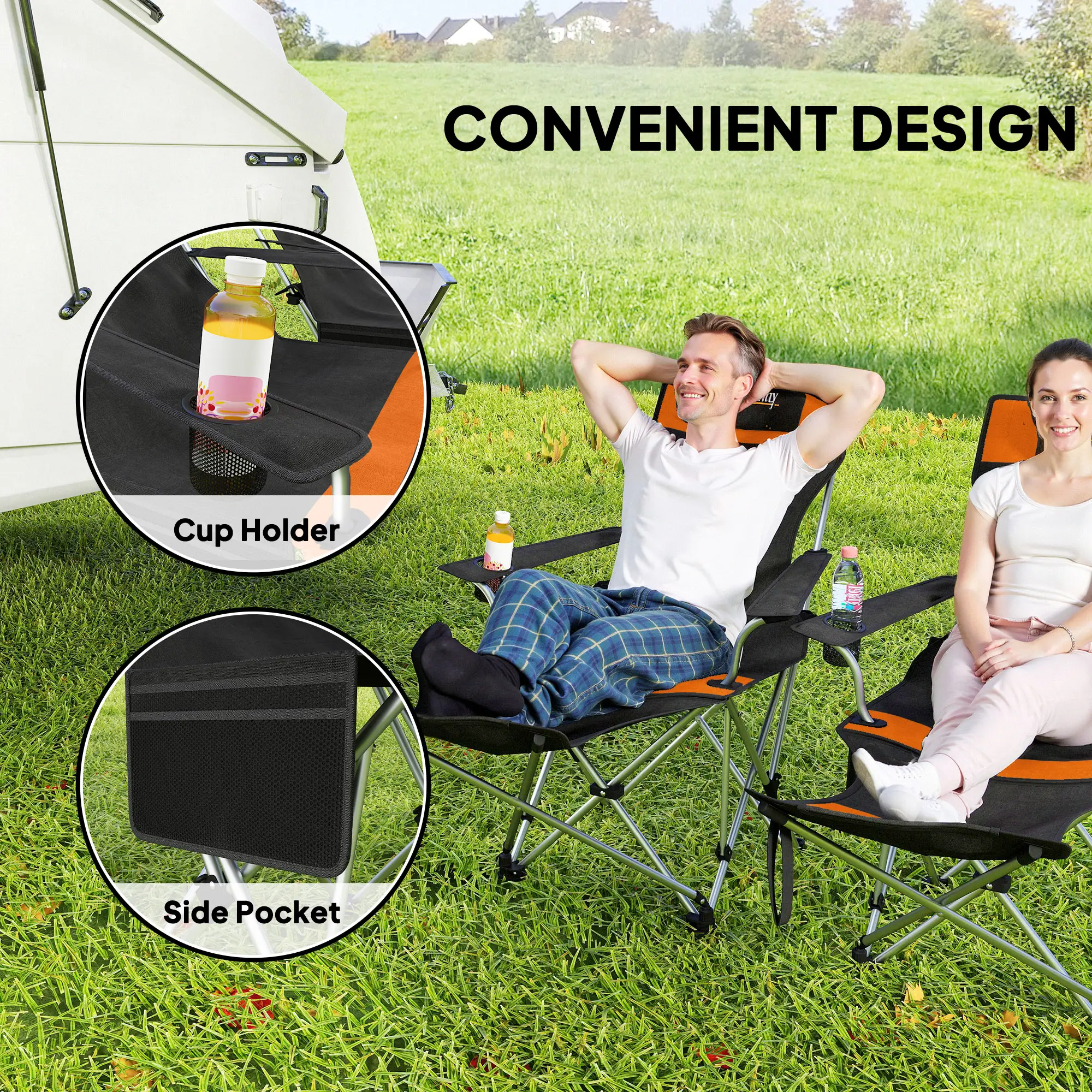 Reclining Camping Chair Set With Foot Rest, Headrest, Cup Holder, Storage Bag, Orange - Image 5