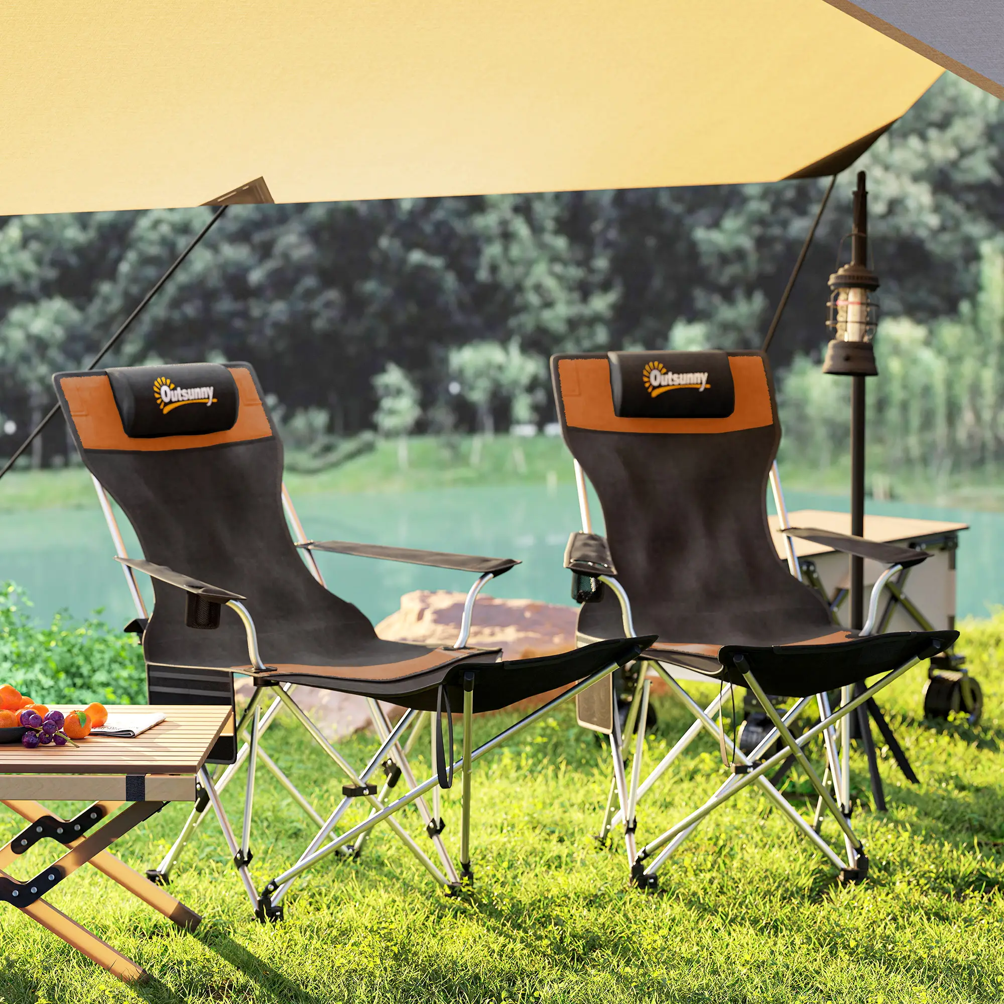 Reclining Camping Chair Set With Foot Rest, Headrest, Cup Holder, Storage Bag, Orange - Image 7