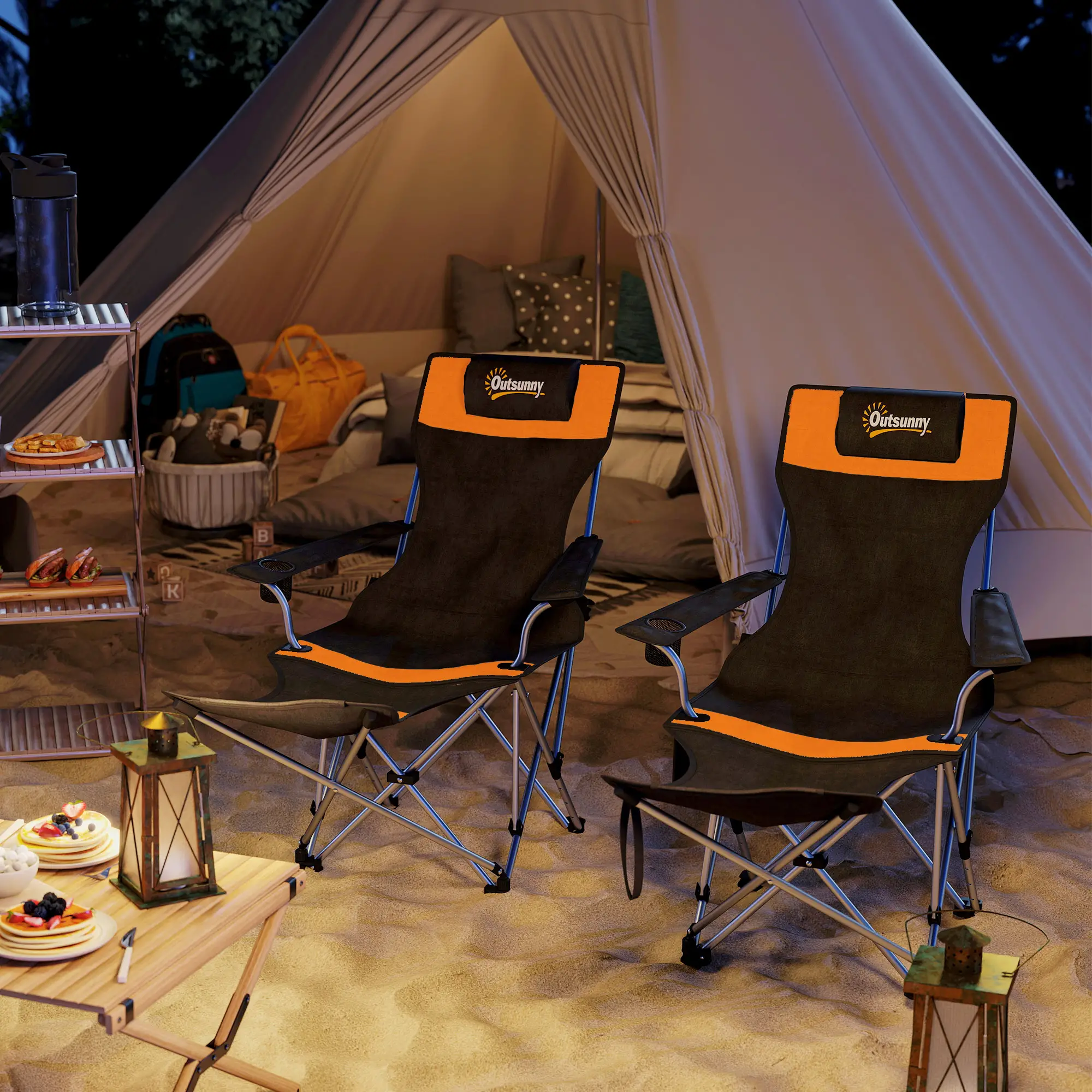 Reclining Camping Chair Set With Foot Rest, Headrest, Cup Holder, Storage Bag, Orange - Image 8