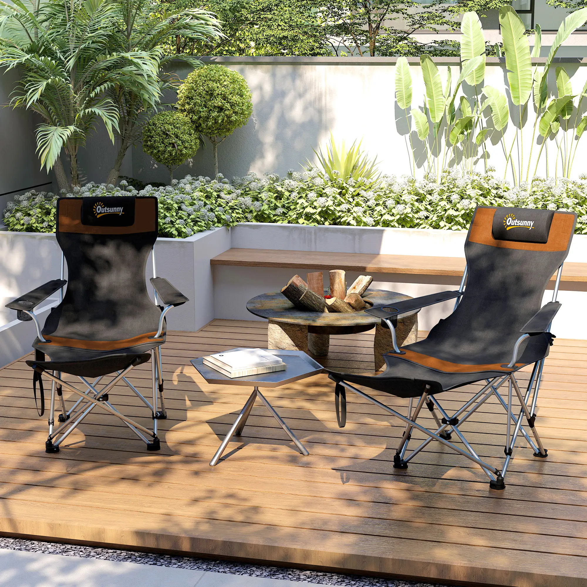 Reclining Camping Chair Set With Foot Rest, Headrest, Cup Holder, Storage Bag, Orange - Image 9