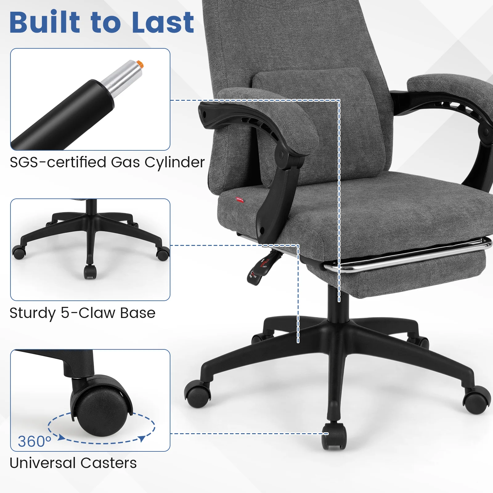 Reclining Office Chair, Chenille Fabric, Gray - Image 10