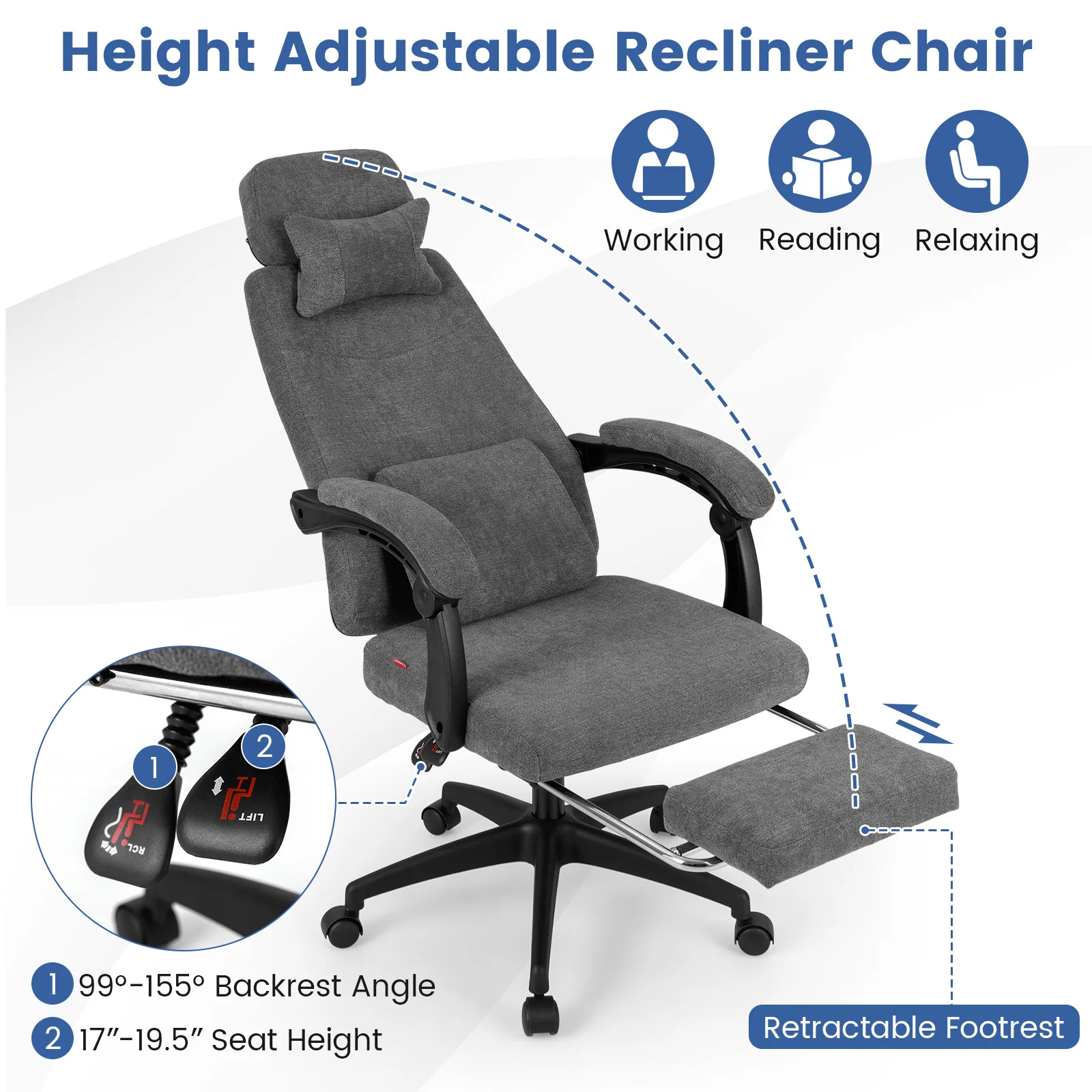 Reclining Office Chair, Chenille Fabric, Gray - Image 7