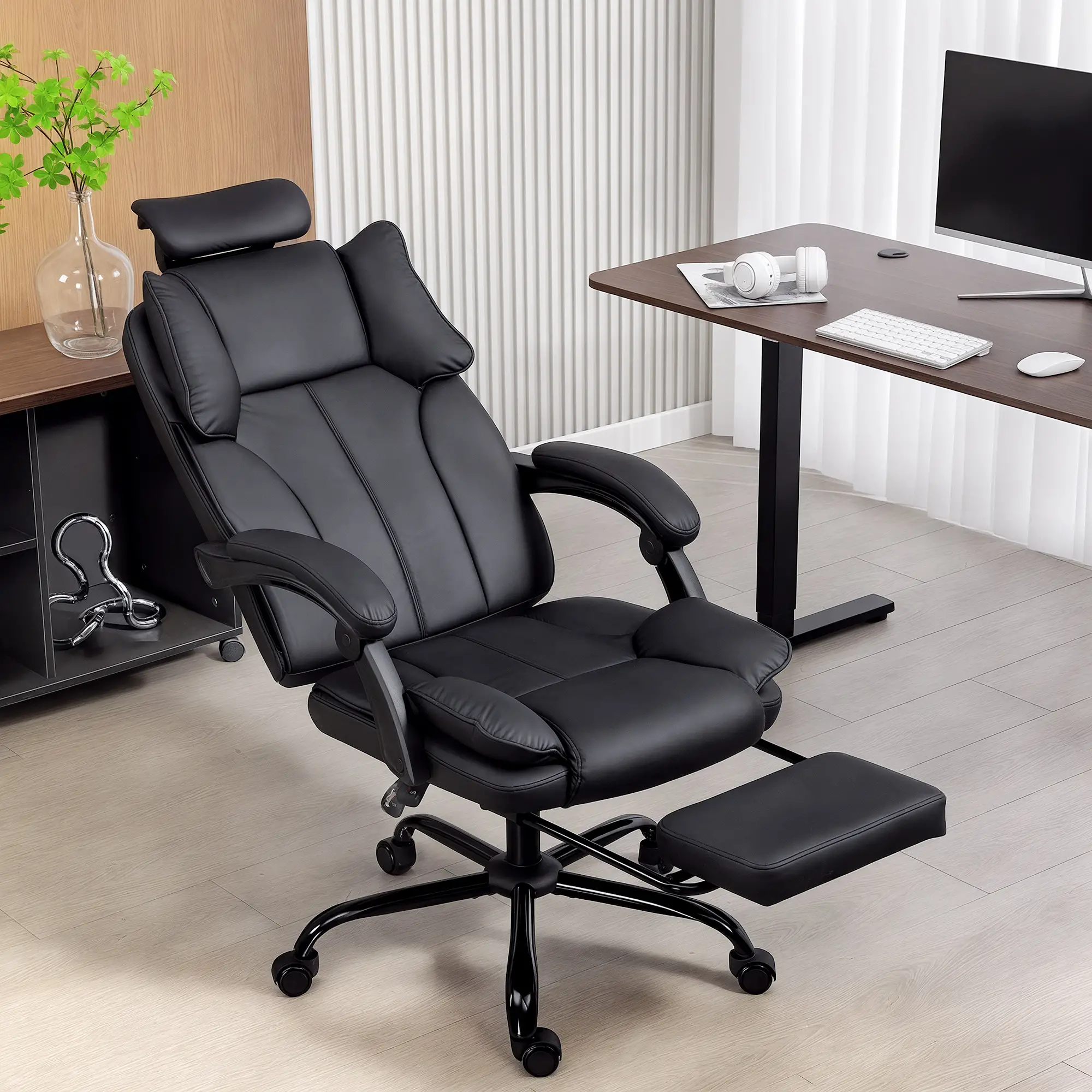 Reclining Office Chair, Executive Desk Chair, Headrest, Footrest, Black - Image 2