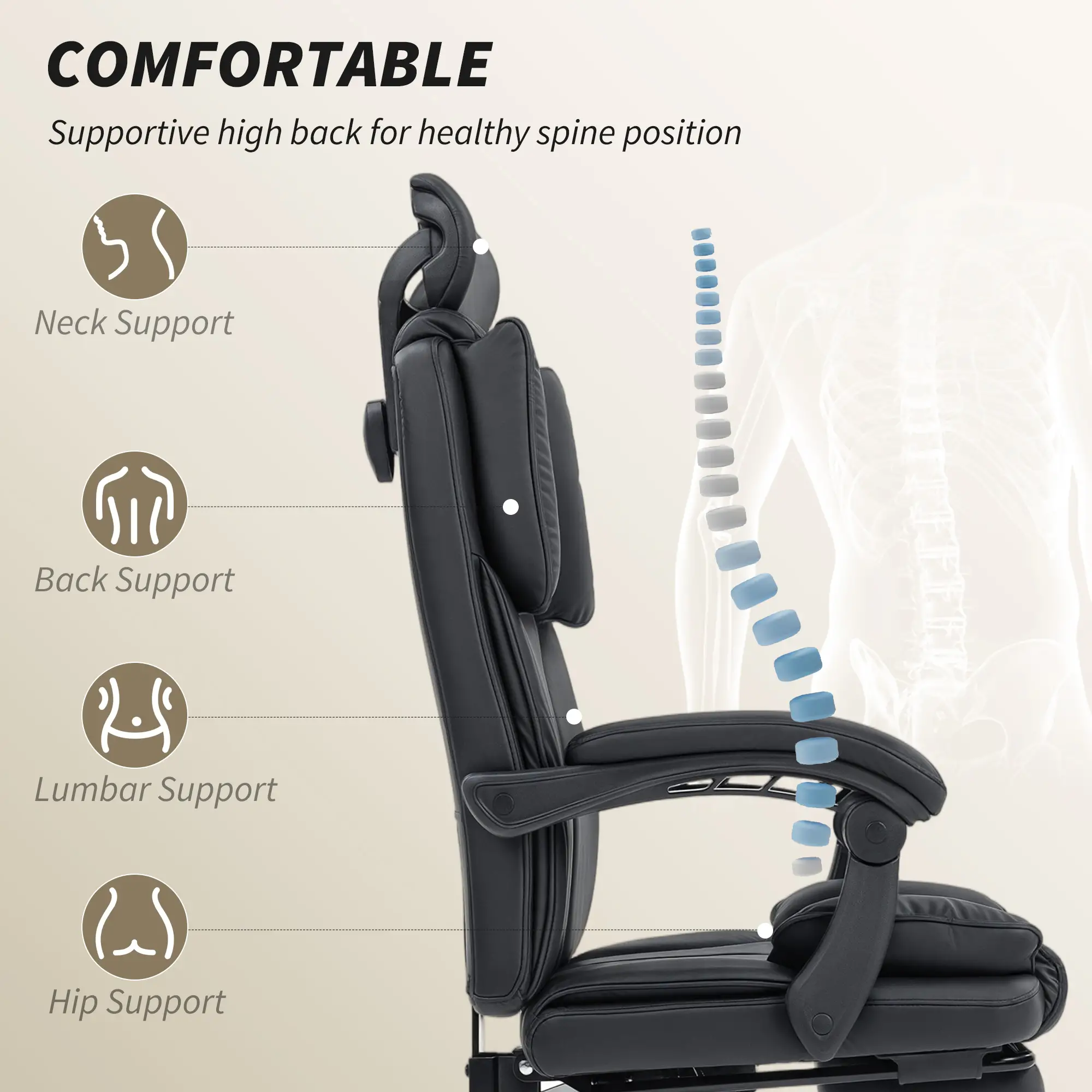 Reclining Office Chair, Executive Desk Chair, Headrest, Footrest, Black - Image 4