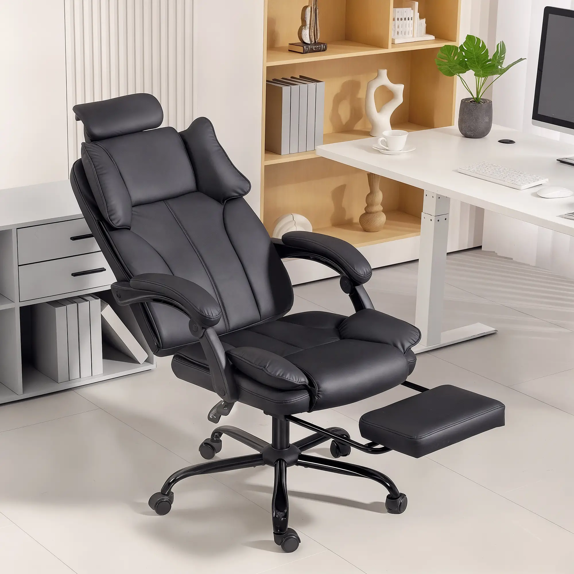 Reclining Office Chair, Executive Desk Chair, Headrest, Footrest, Black - Image 8