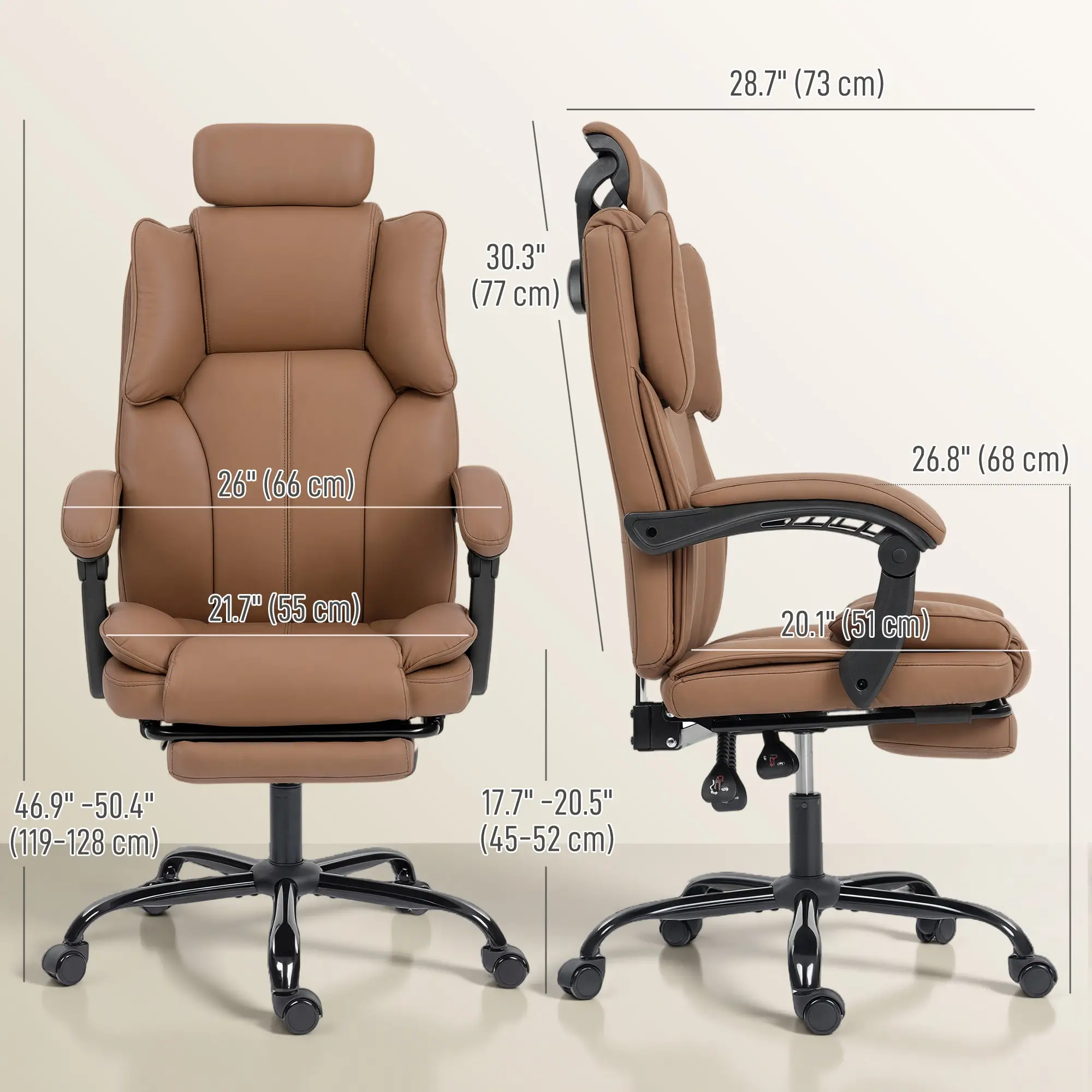 Reclining Office Chair, Executive Desk Chair, Headrest, Footrest, Brown - Image 3