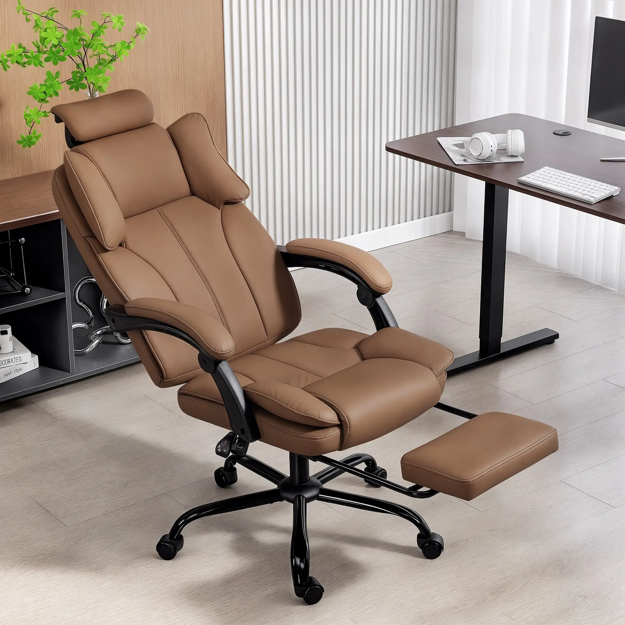 Reclining Office Chair, Executive Desk Chair, Headrest, Footrest, Brown - Image 8