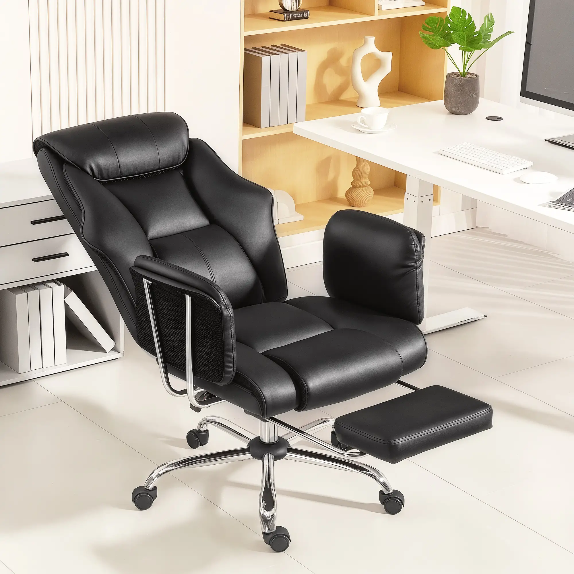 Reclining Office Chair, High Back Executive Desk Chair, PU Leather, Footrest, Swivel Wheels, Black - Image 2