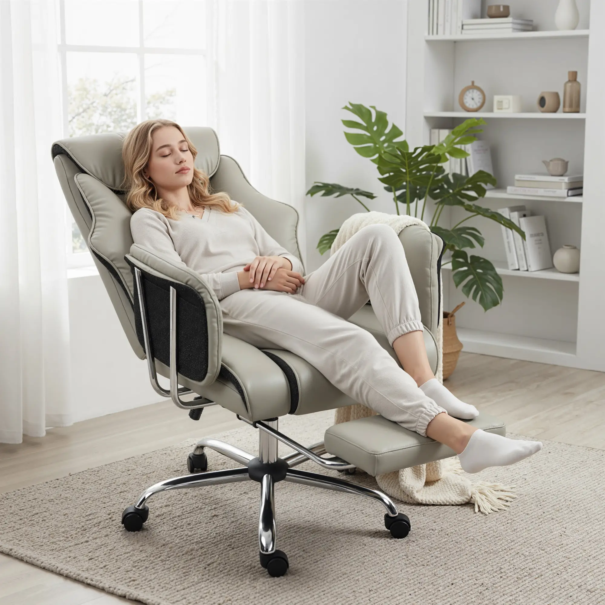 Reclining Office Chair, High Back Executive Desk Chair, PU Leather, Footrest, Swivel Wheels, Grey - Image 10
