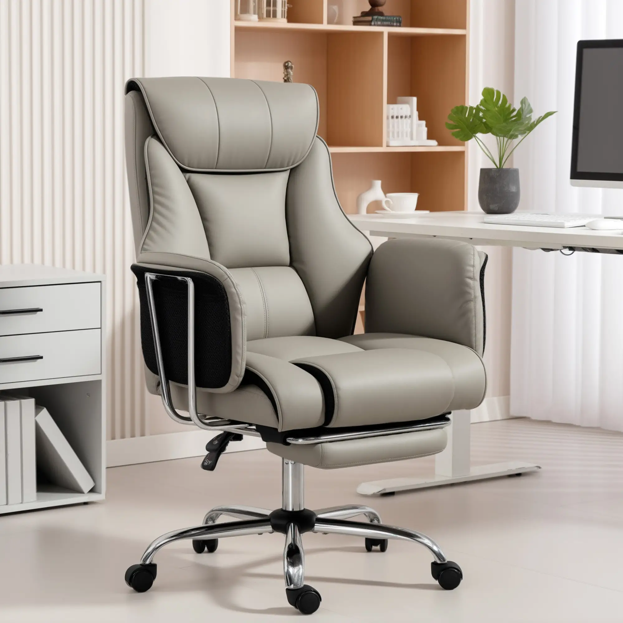 Reclining Office Chair, High Back Executive Desk Chair, PU Leather, Footrest, Swivel Wheels, Grey - Image 11