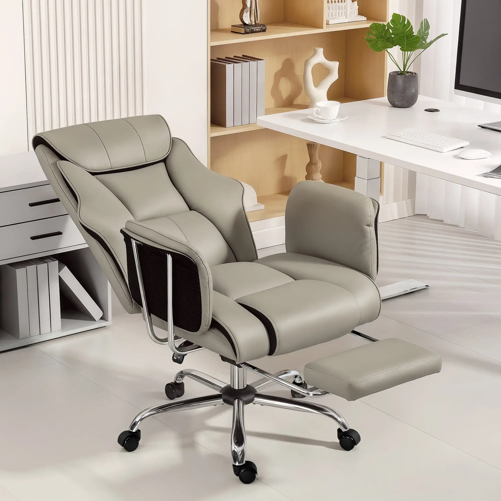 Reclining Office Chair, High Back Executive Desk Chair, PU Leather, Footrest, Swivel Wheels, Grey - Image 2