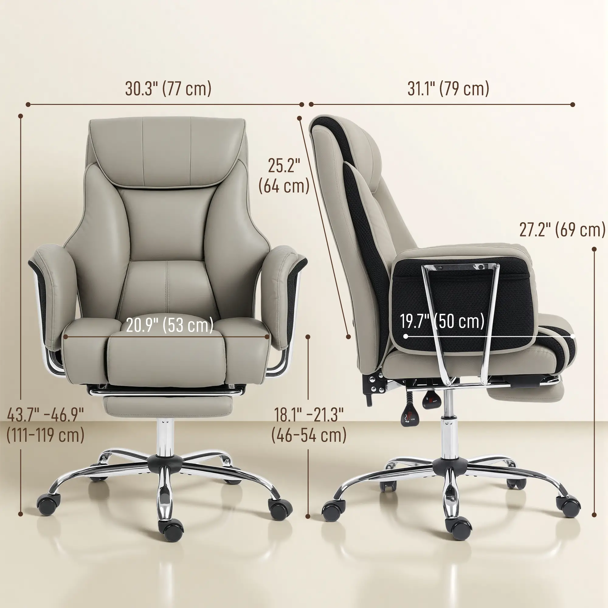 Reclining Office Chair, High Back Executive Desk Chair, PU Leather, Footrest, Swivel Wheels, Grey - Image 3