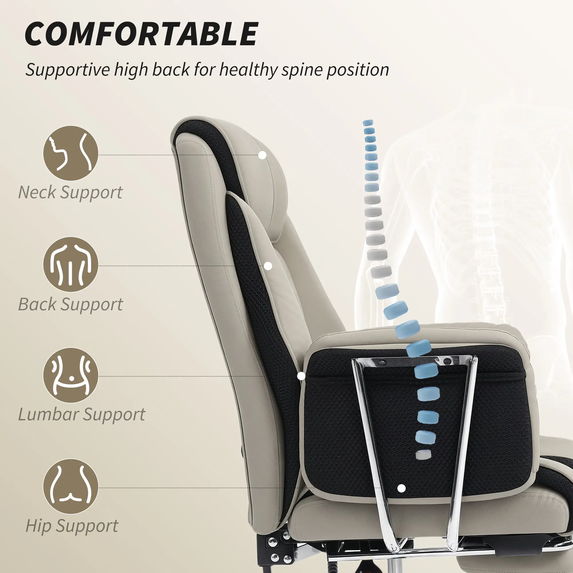 Reclining Office Chair, High Back Executive Desk Chair, PU Leather, Footrest, Swivel Wheels, Grey - Image 4