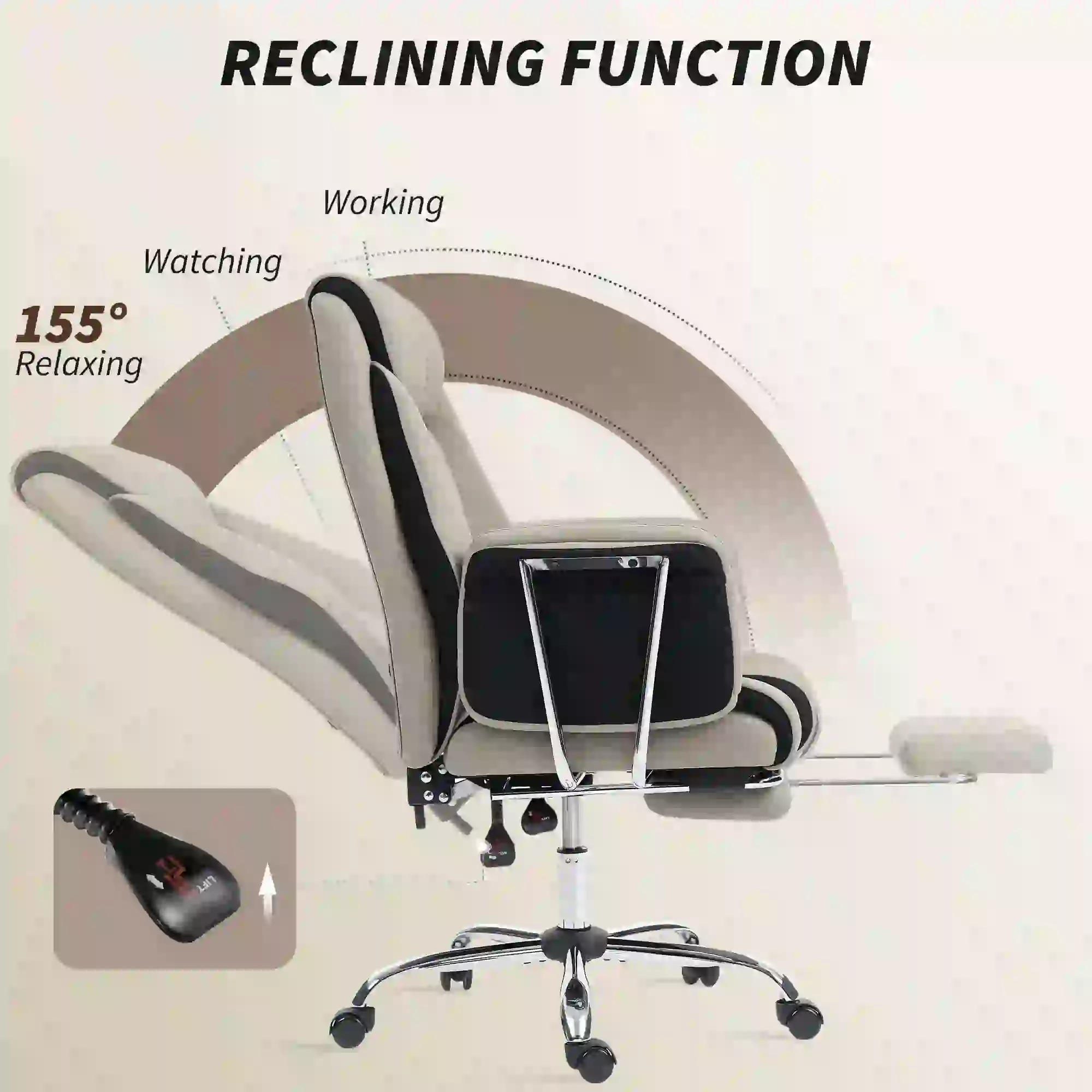 Reclining Office Chair, High Back Executive Desk Chair, PU Leather, Footrest, Swivel Wheels, Grey - Image 6