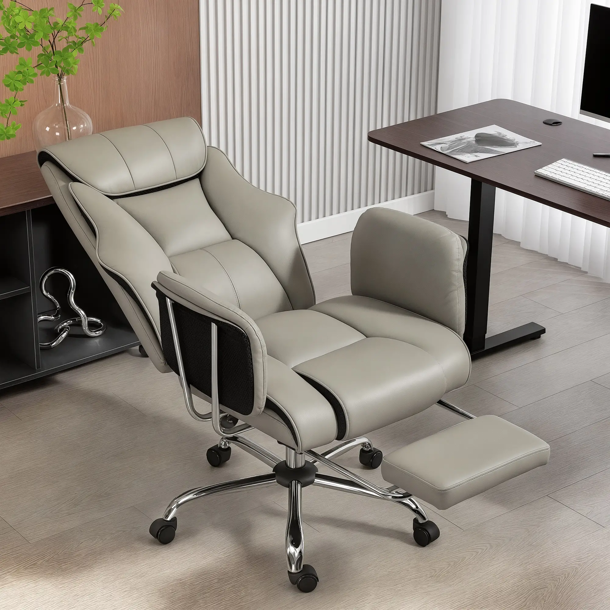 Reclining Office Chair, High Back Executive Desk Chair, PU Leather, Footrest, Swivel Wheels, Grey - Image 8