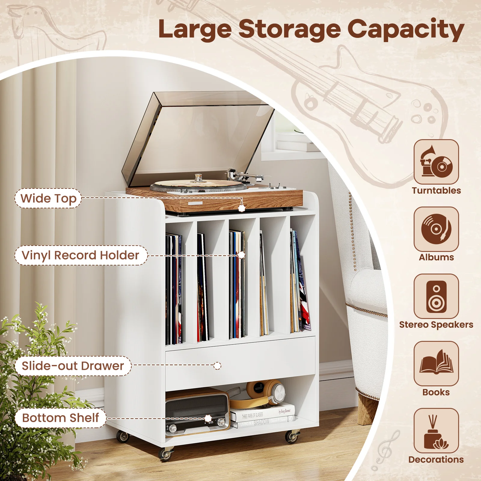 Record Player Stand Turntable Stand with Drawer and Record Holder, White - Image 10