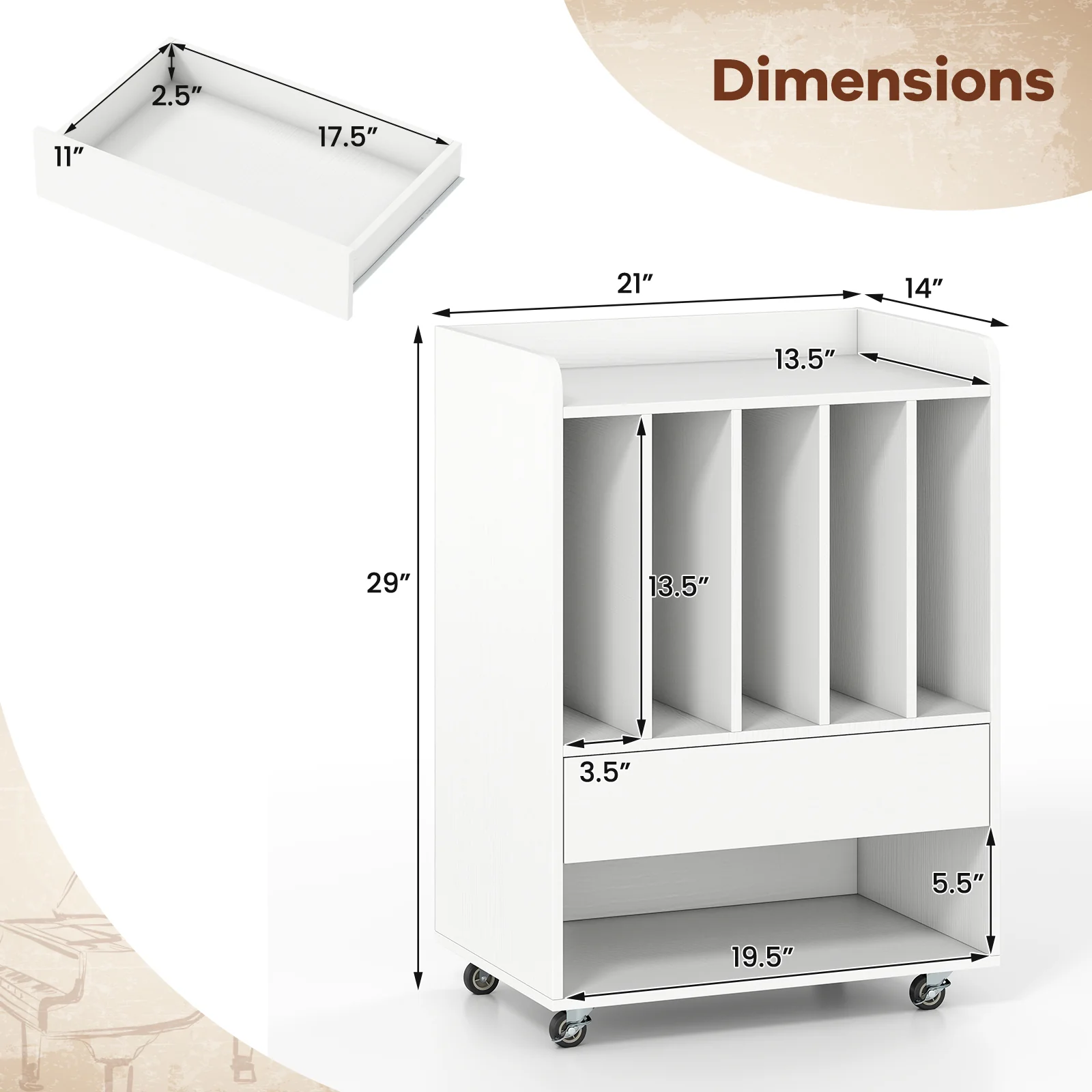 Record Player Stand Turntable Stand with Drawer and Record Holder, White - Image 6