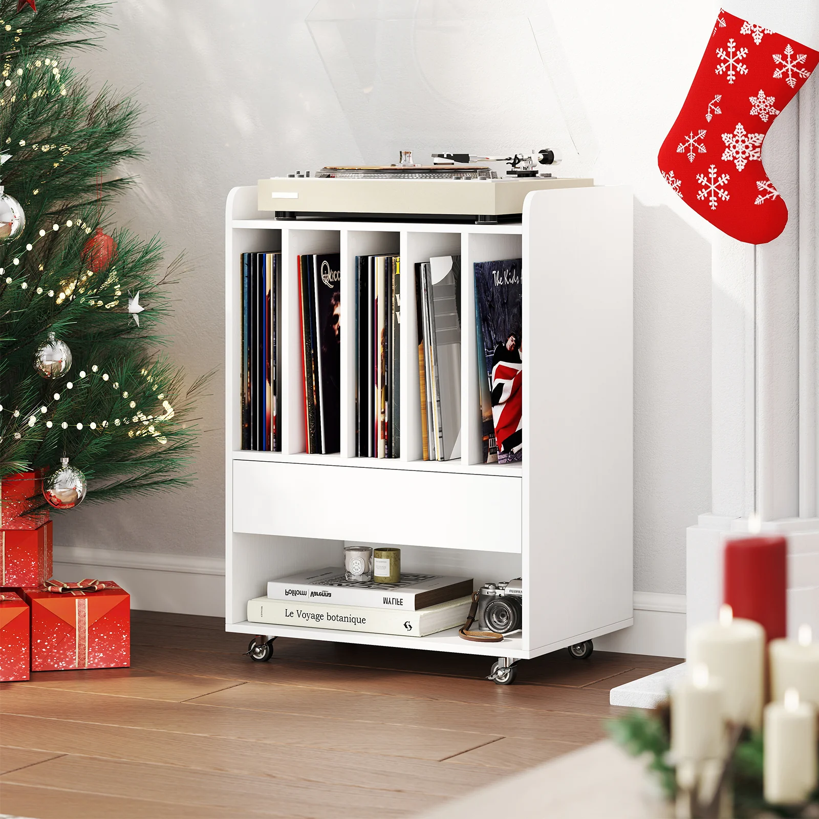 Record Player Stand Turntable Stand with Drawer and Record Holder, White - Image 7