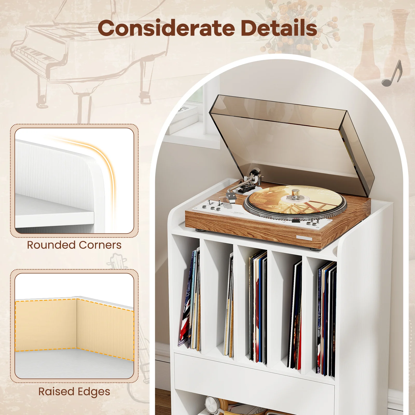 Record Player Stand Turntable Stand with Drawer and Record Holder, White - Image 9