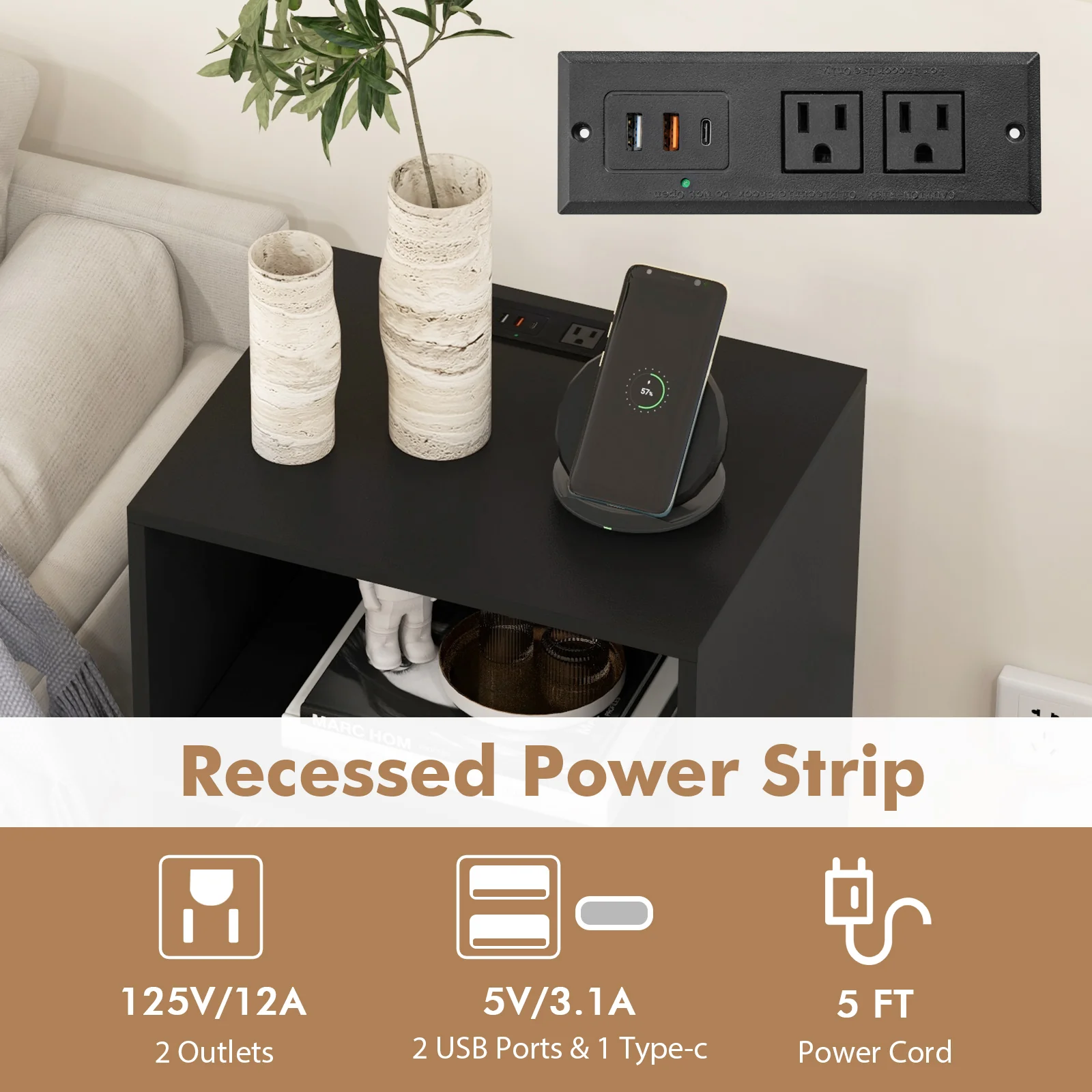 Record Player Stand With Charging Station, Black - Image 10