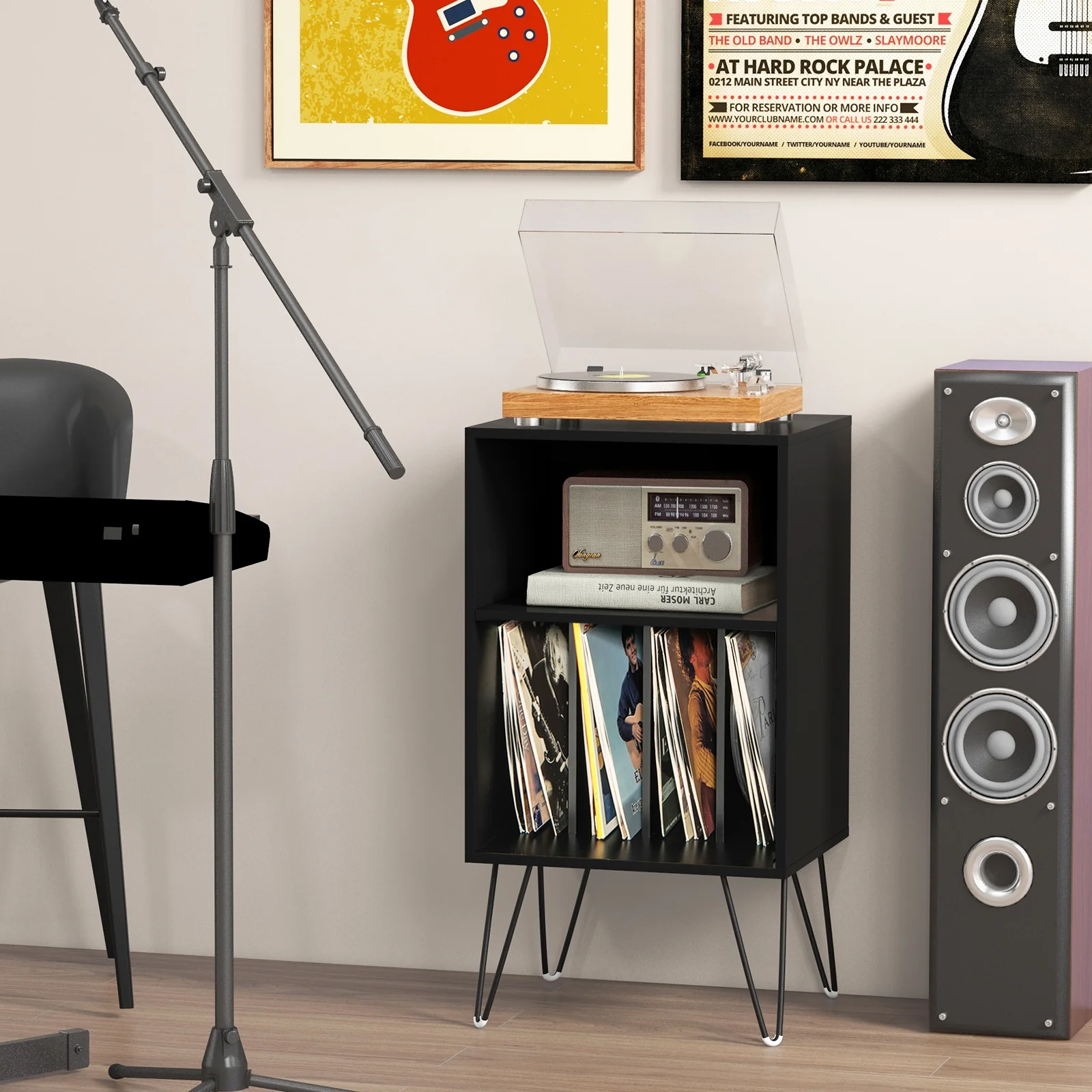 Record Player Stand With Charging Station, Black - Image 2