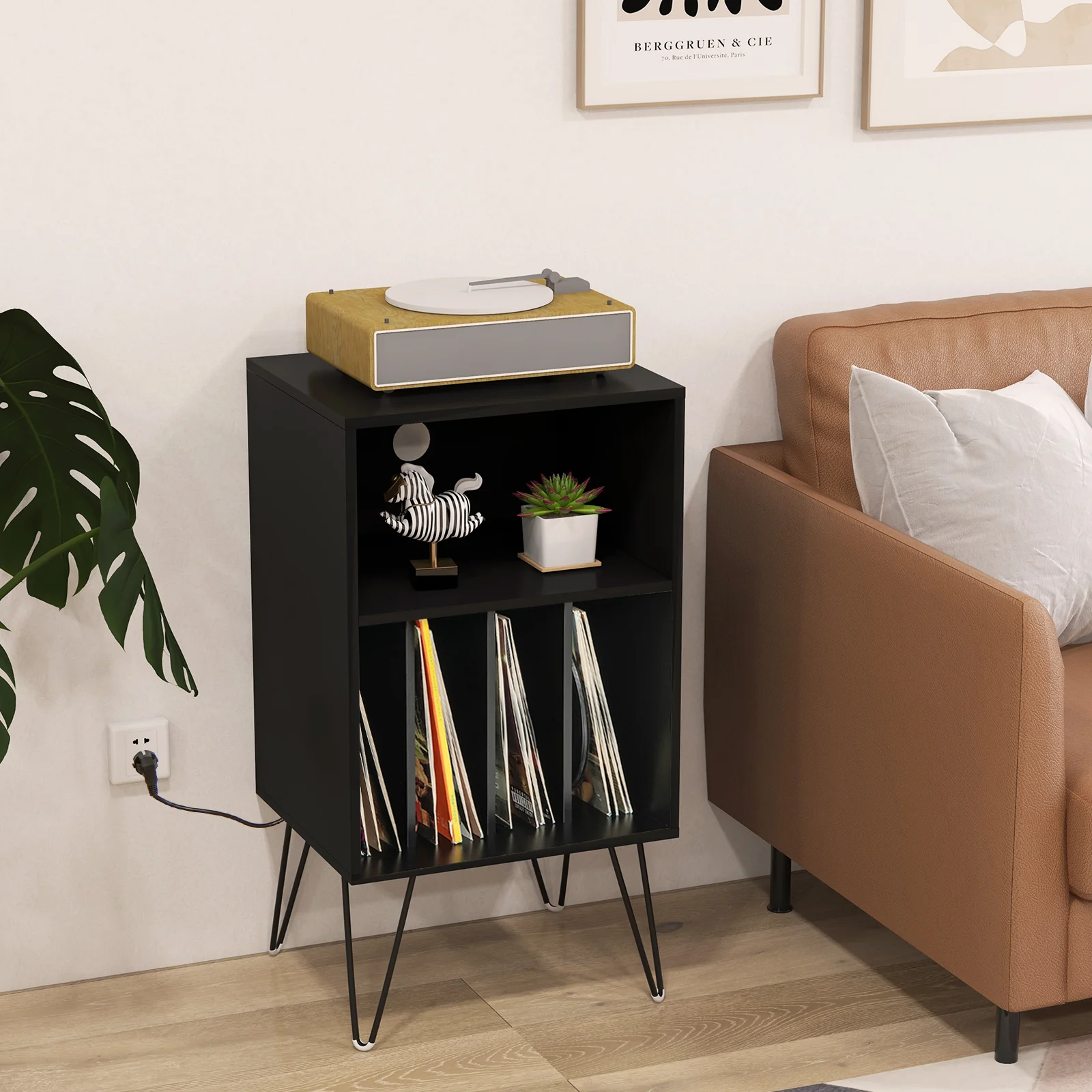 Record Player Stand With Charging Station, Black - Image 3