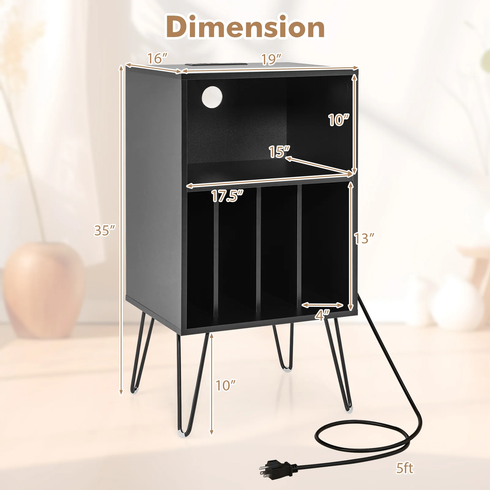 Record Player Stand With Charging Station, Black - Image 6