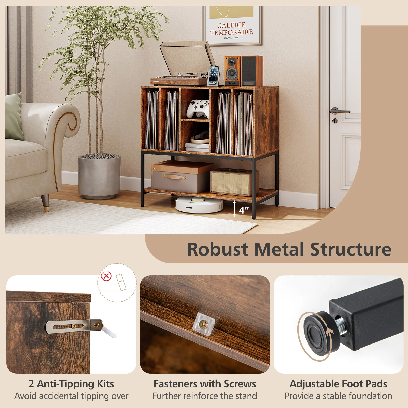 Record Player Stand With Charging Station, Metal Frame, Rustic Brown - Image 10