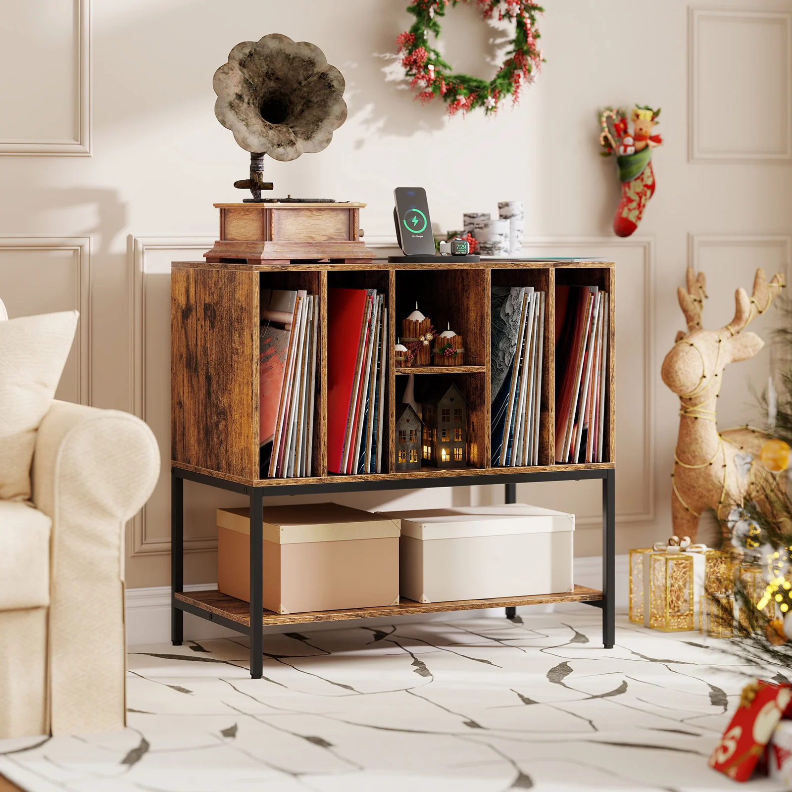 Record Player Stand With Charging Station, Metal Frame, Rustic Brown - Image 3