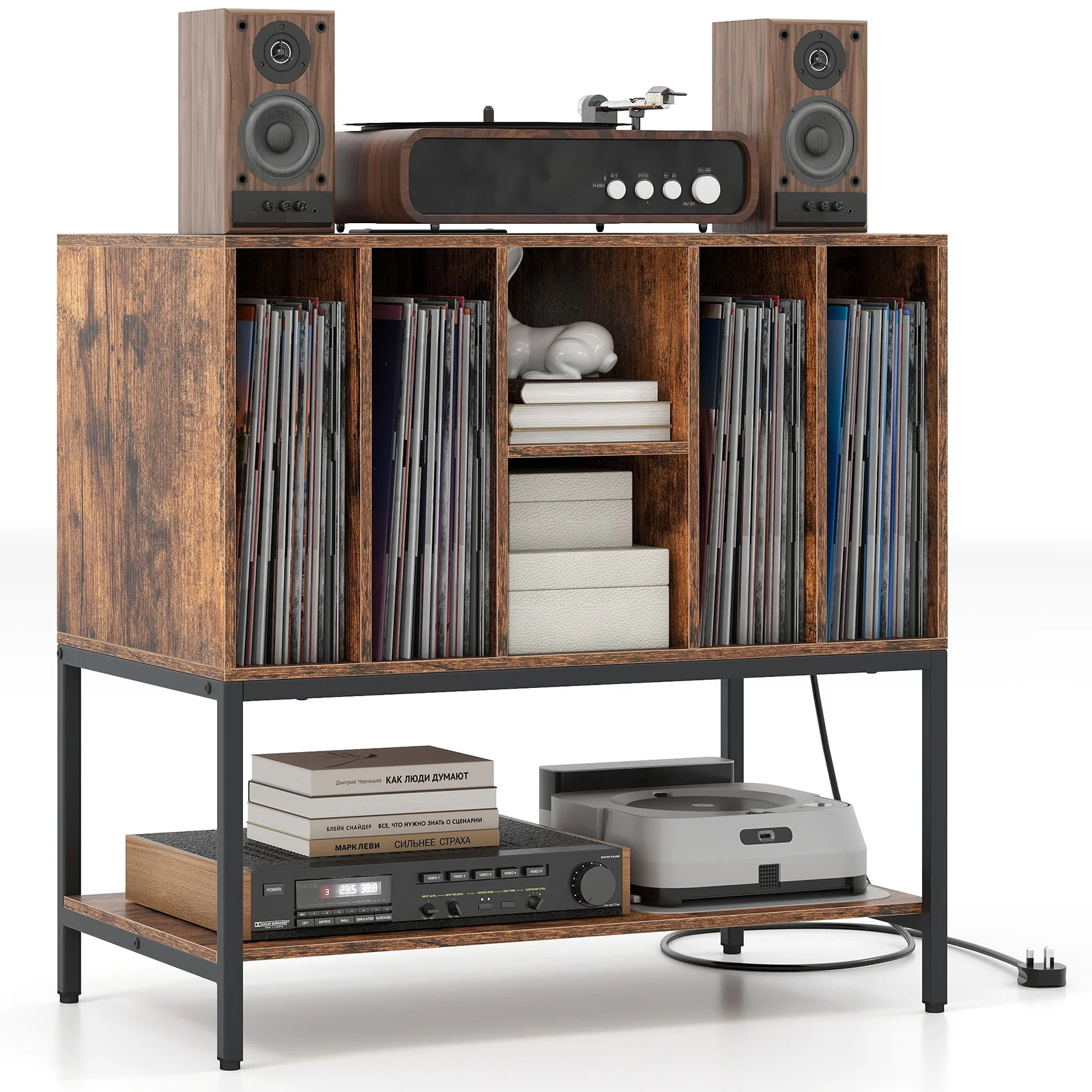 Record Player Stand With Charging Station, Metal Frame, Rustic Brown - Image 4