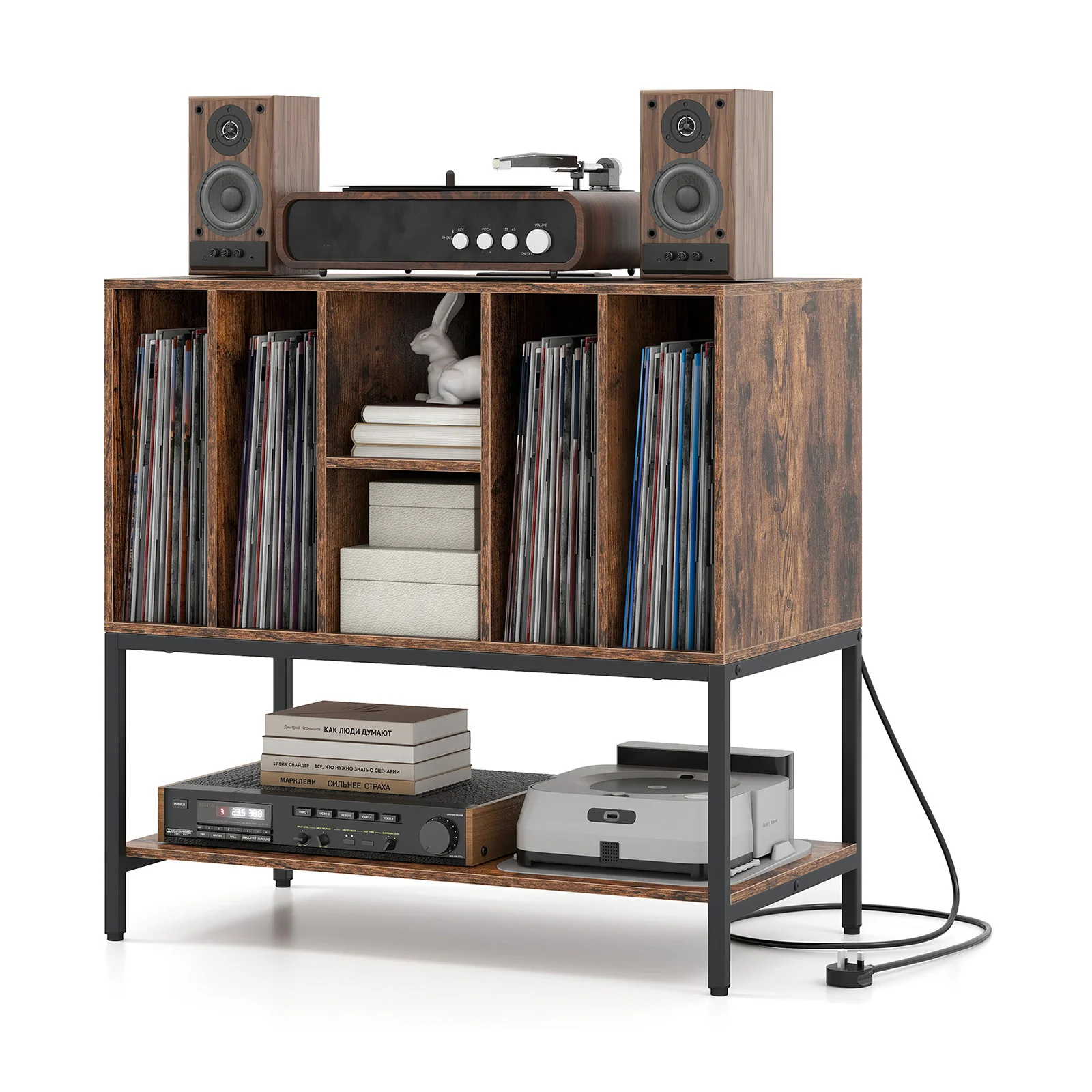 Record Player Stand With Charging Station, Metal Frame, Rustic Brown - Image 5