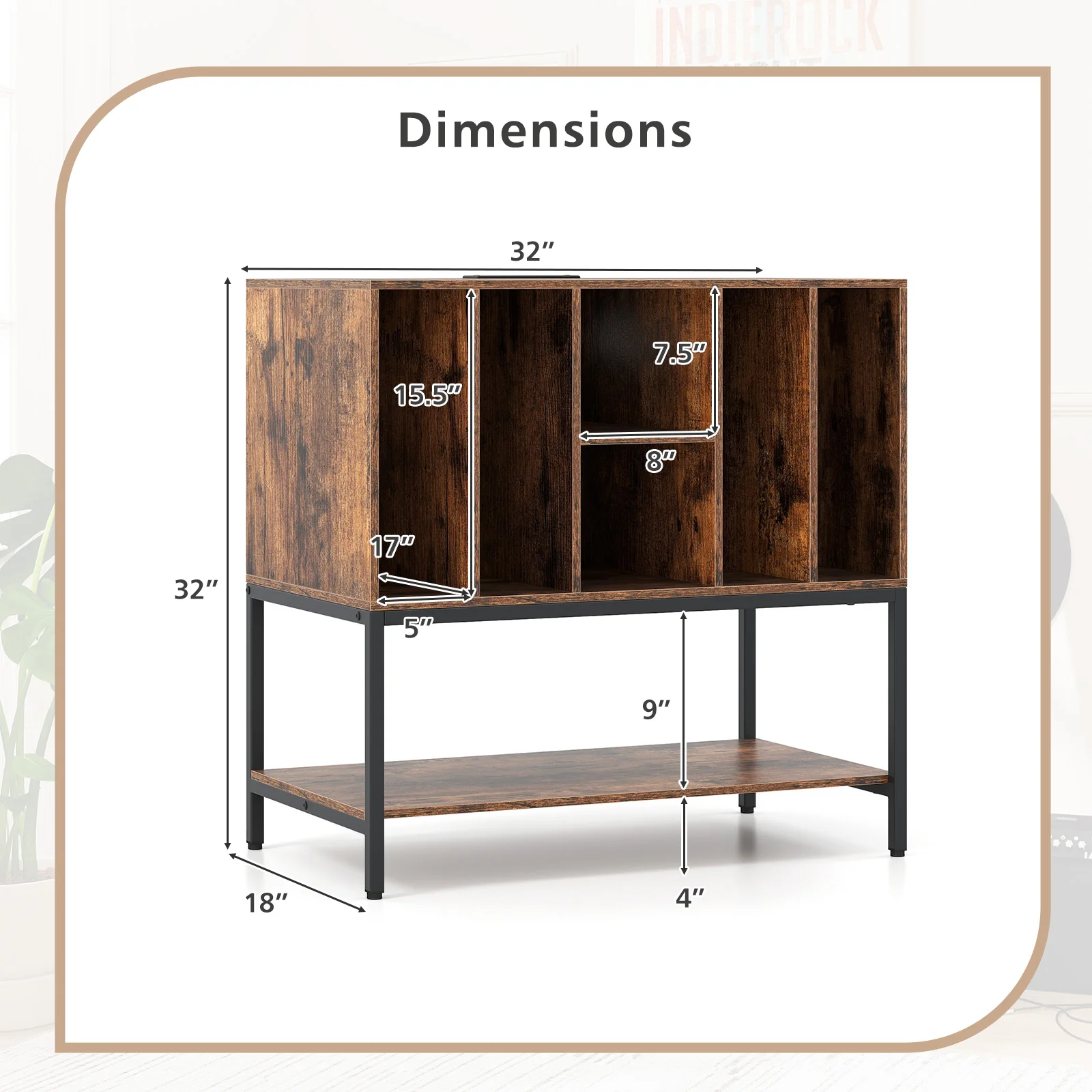 Record Player Stand With Charging Station, Metal Frame, Rustic Brown - Image 6