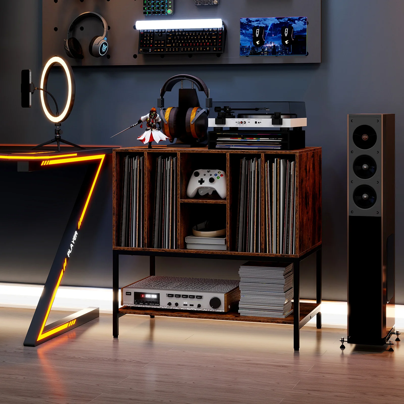 Record Player Stand With Charging Station, Metal Frame, Rustic Brown - Image 7