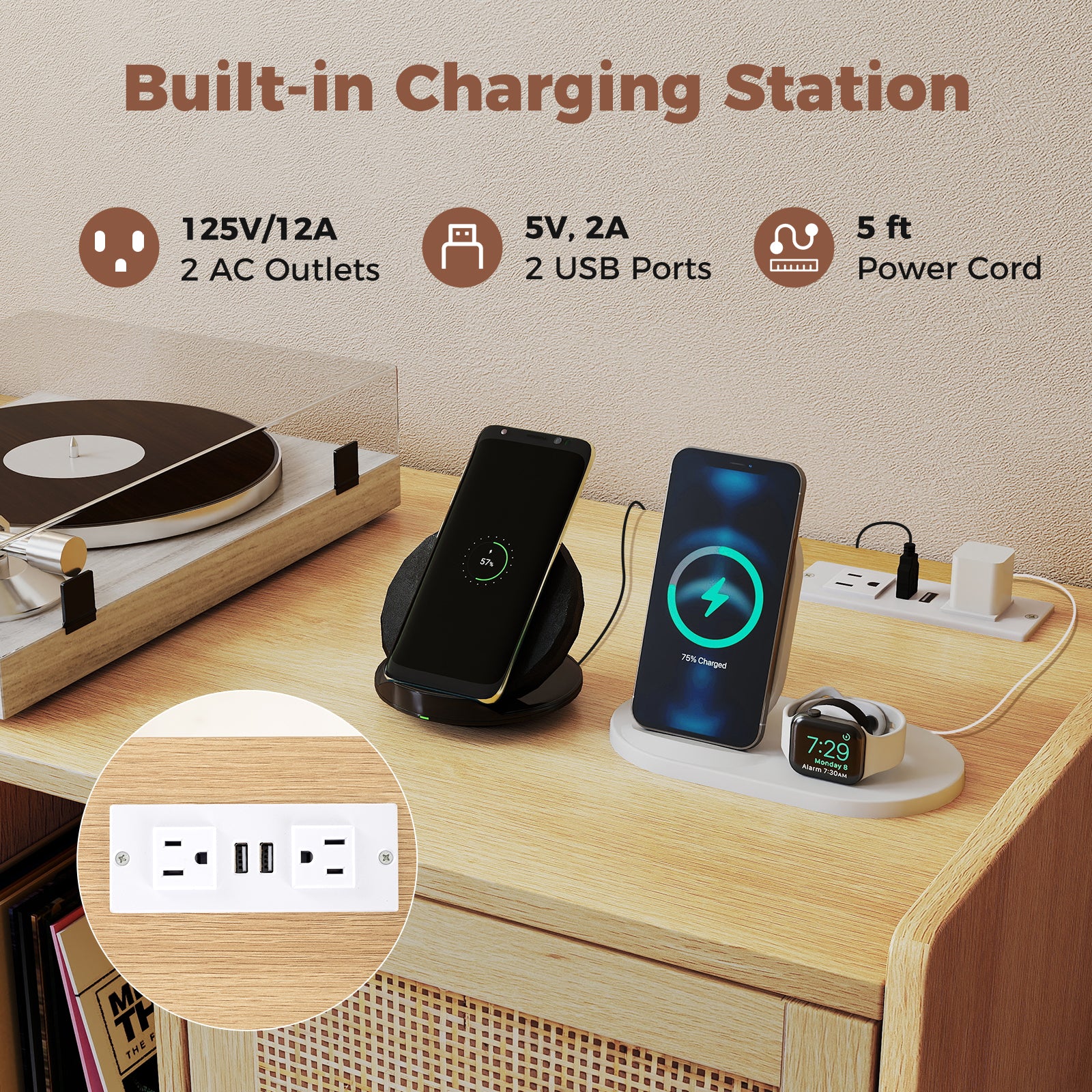 Record Player Stand With Charging Station, Rattan Cabinet, Natural - Image 10