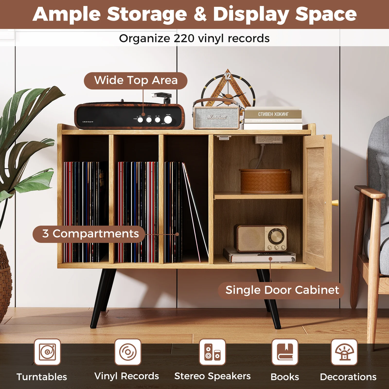 Record Player Stand With Charging Station, Rattan Cabinet, Natural - Image 8