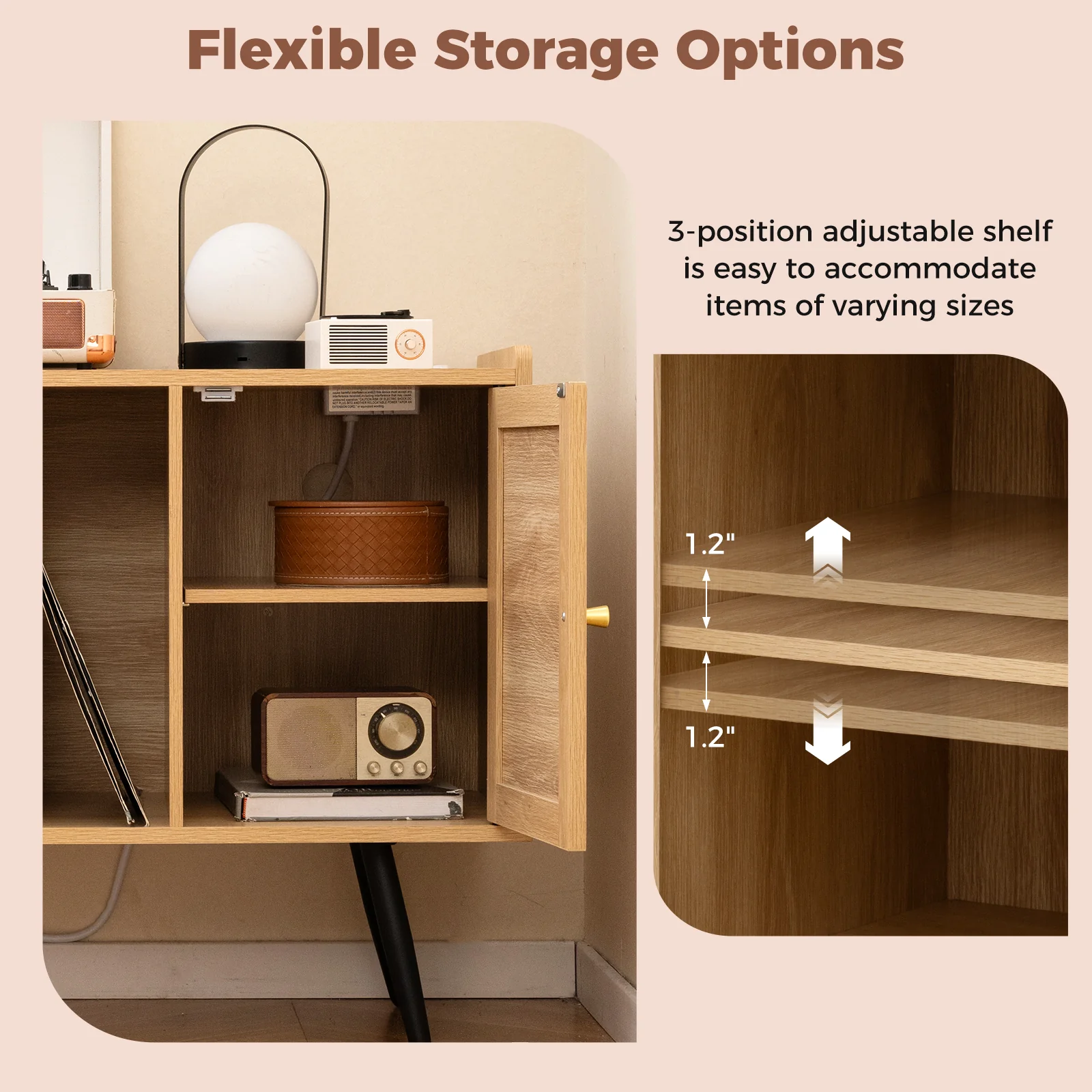 Record Player Stand With Charging Station, Rattan Cabinet, Natural - Image 9