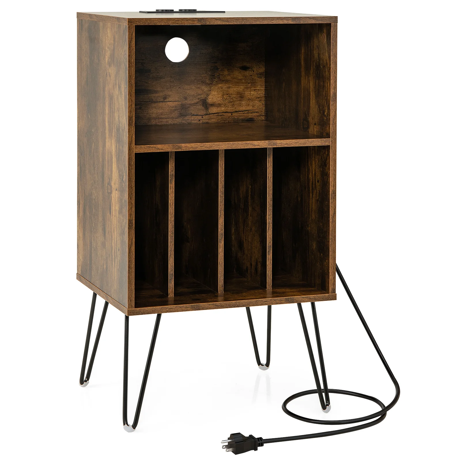 Record Player Stand With Charging Station, Rustic Brown