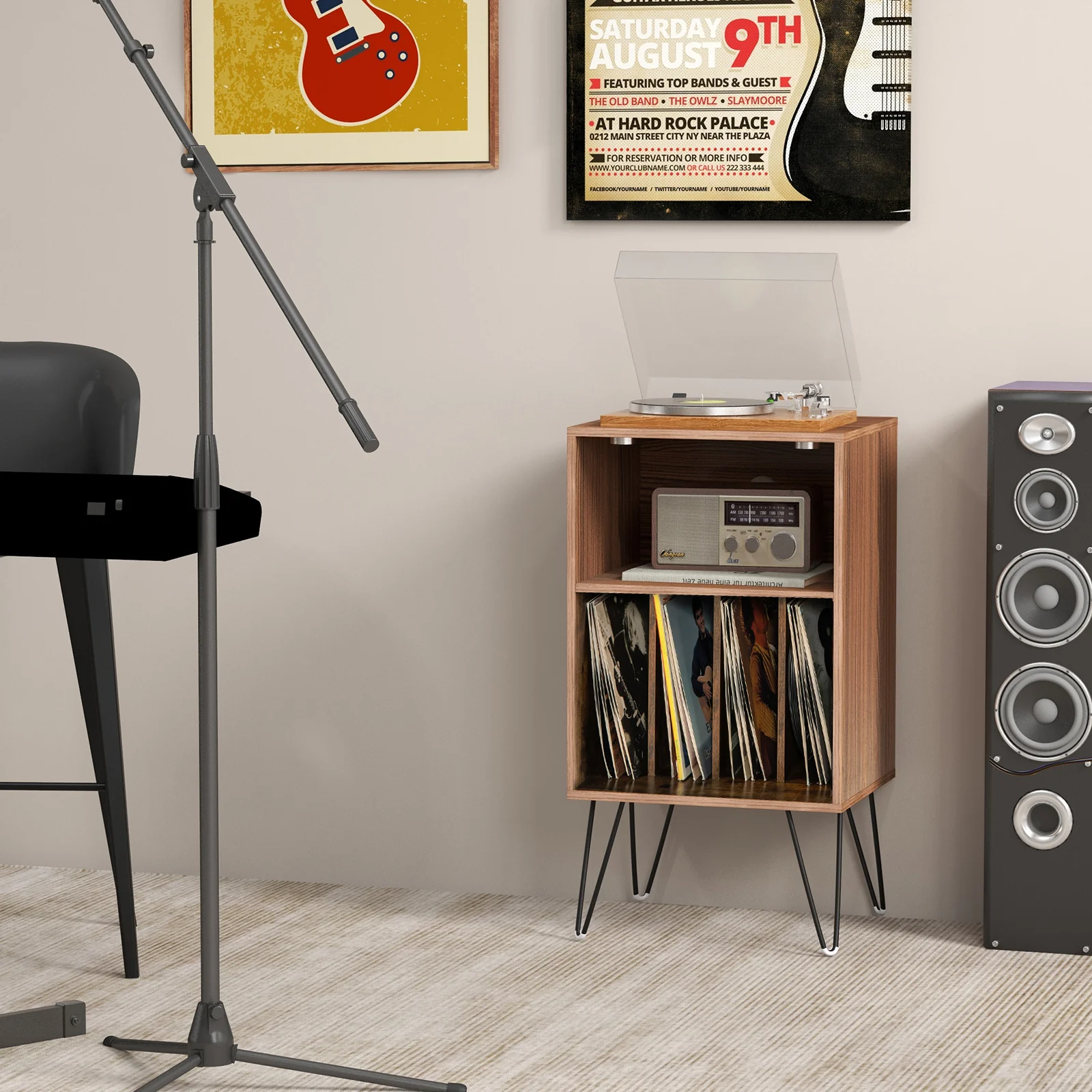 Record Player Stand With Charging Station, Rustic Brown - Image 3