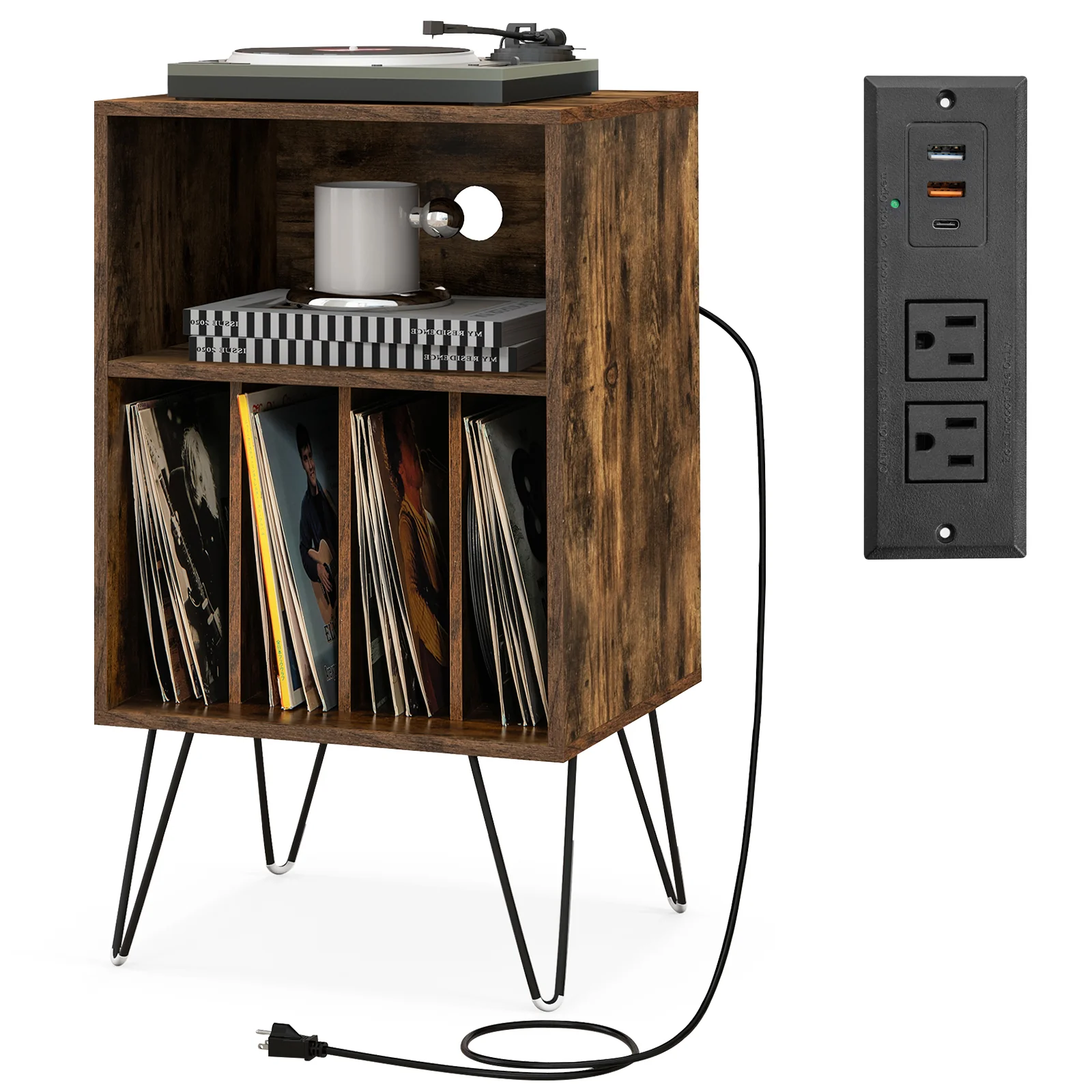 Record Player Stand With Charging Station, Rustic Brown - Image 5