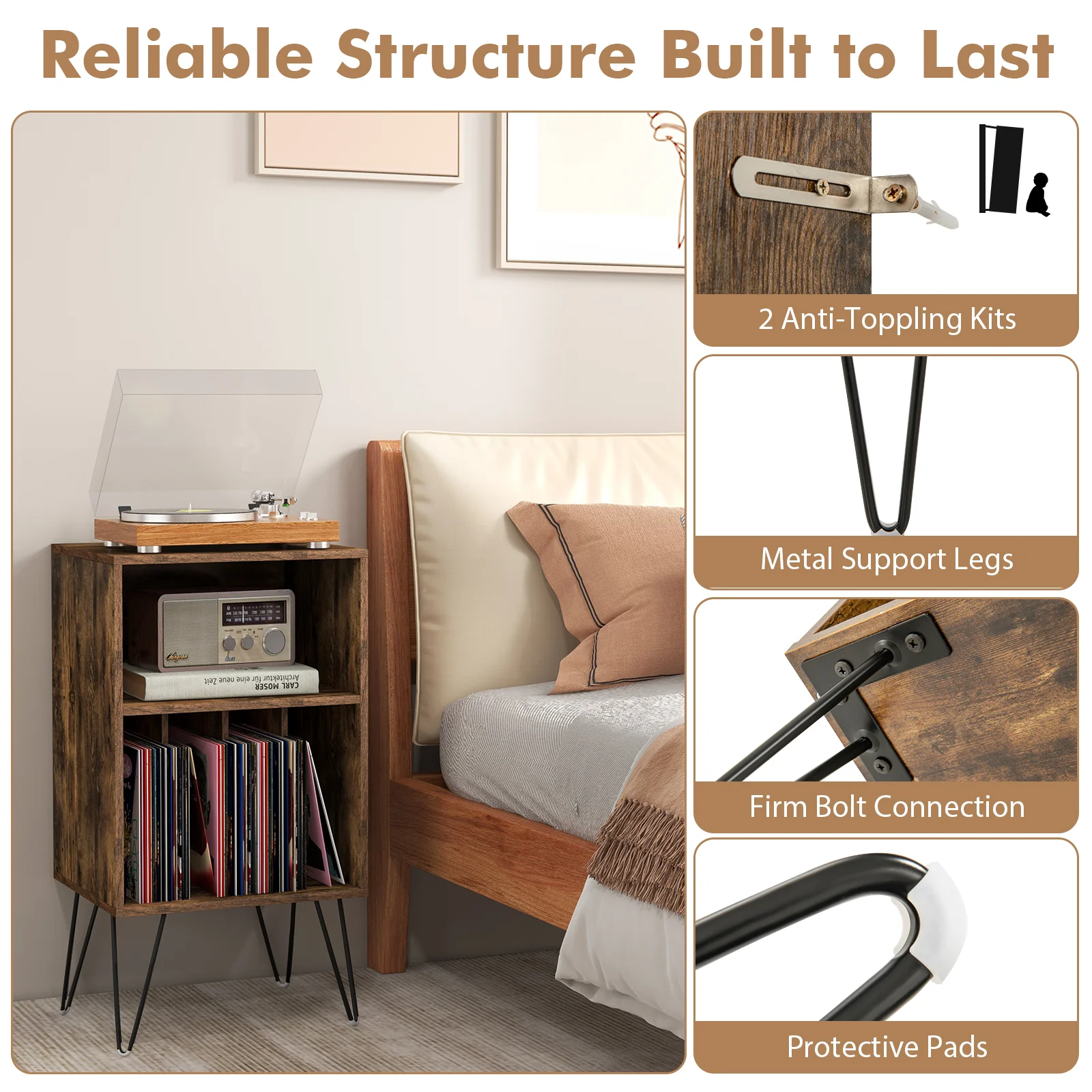 Record Player Stand With Charging Station, Rustic Brown - Image 8