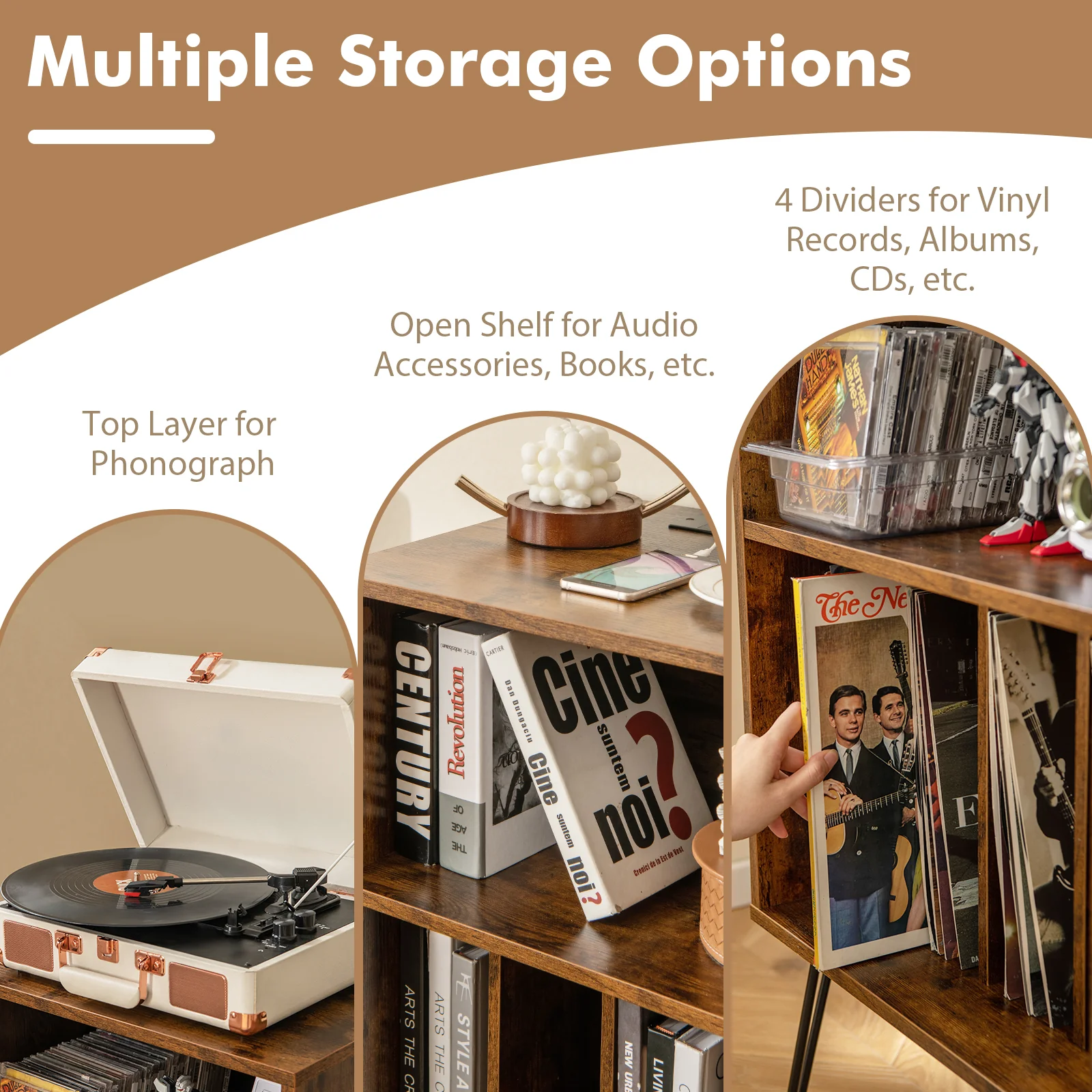 Record Player Stand With Charging Station, Rustic Brown - Image 9