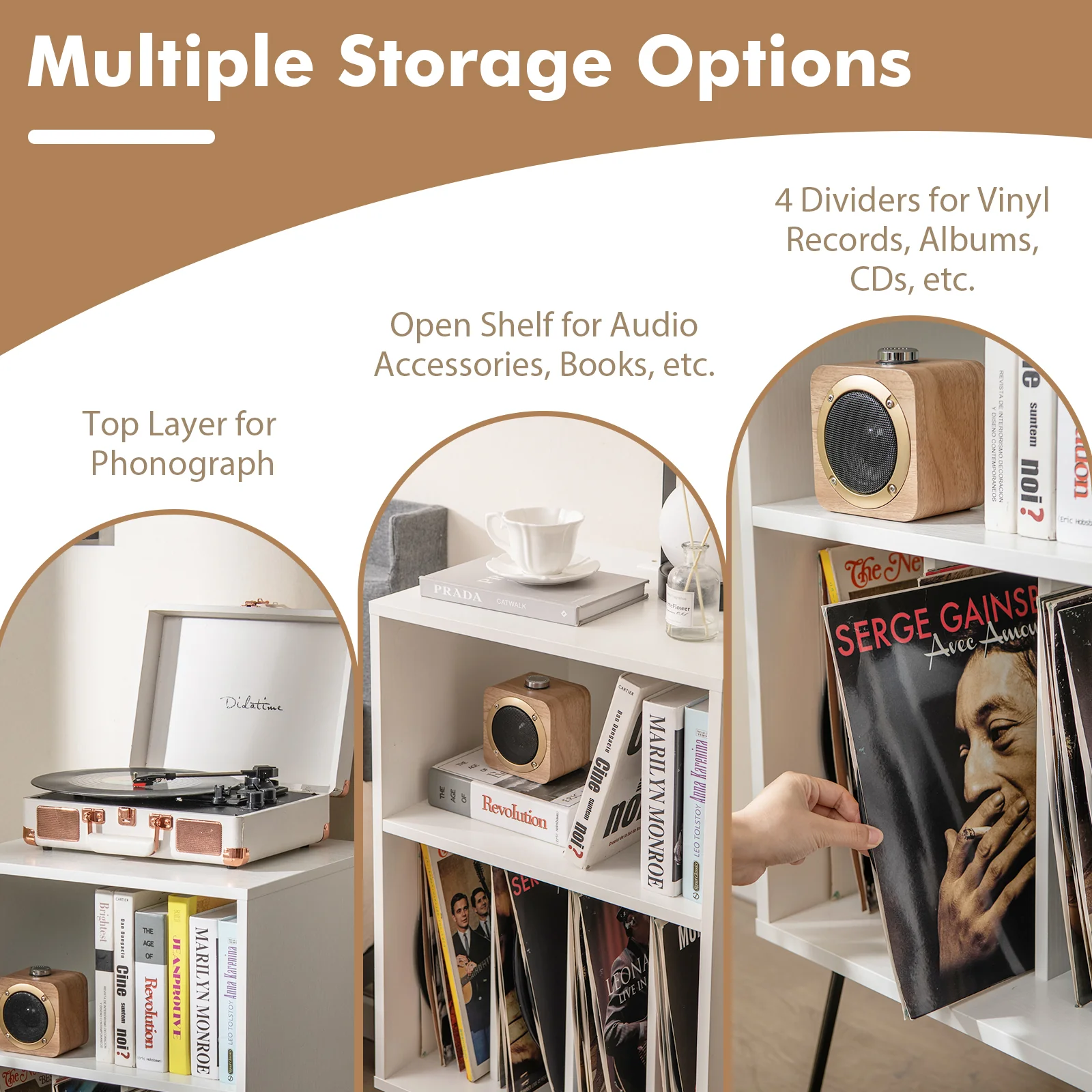 Record Player Stand With Charging Station, White - Image 10