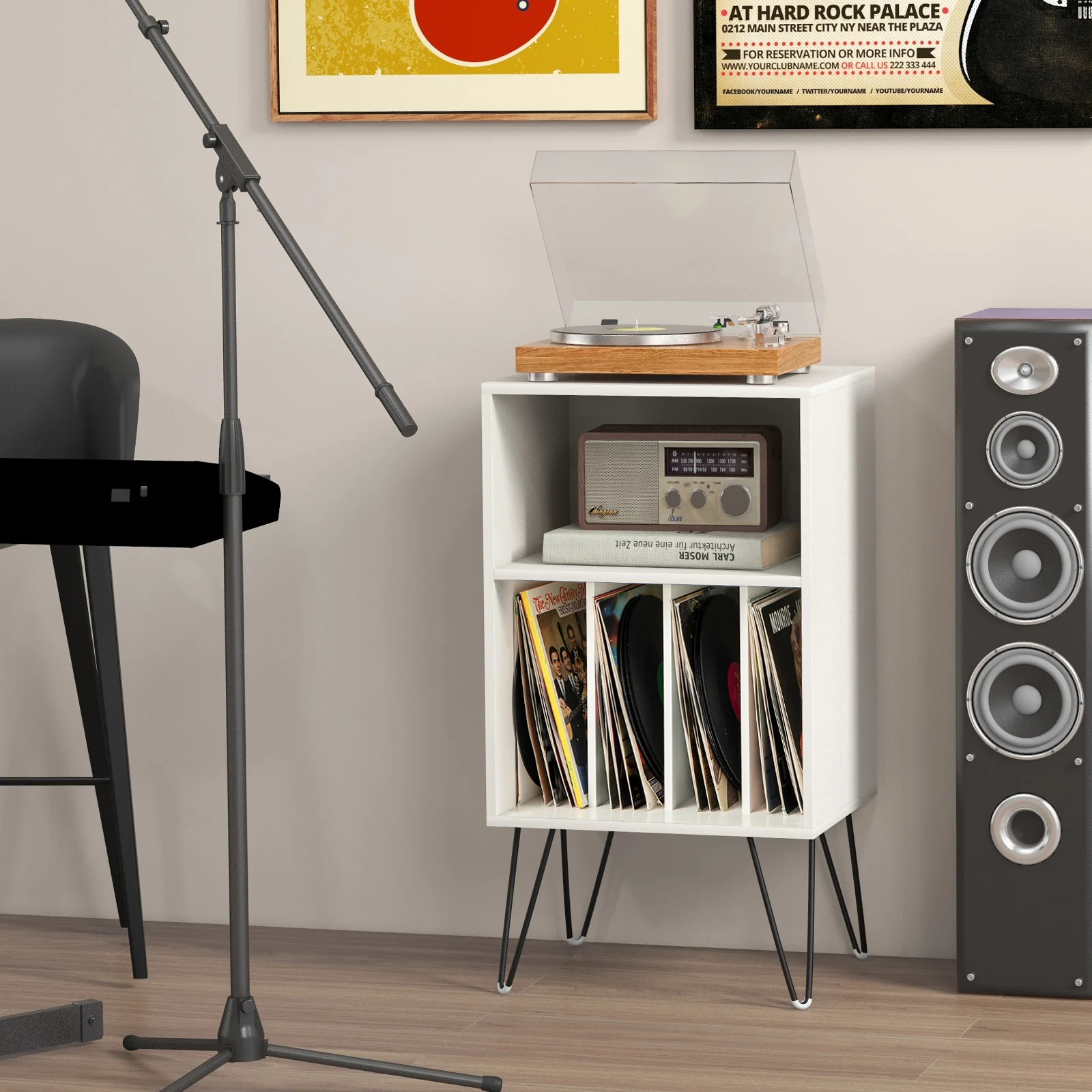 Record Player Stand With Charging Station, White - Image 3